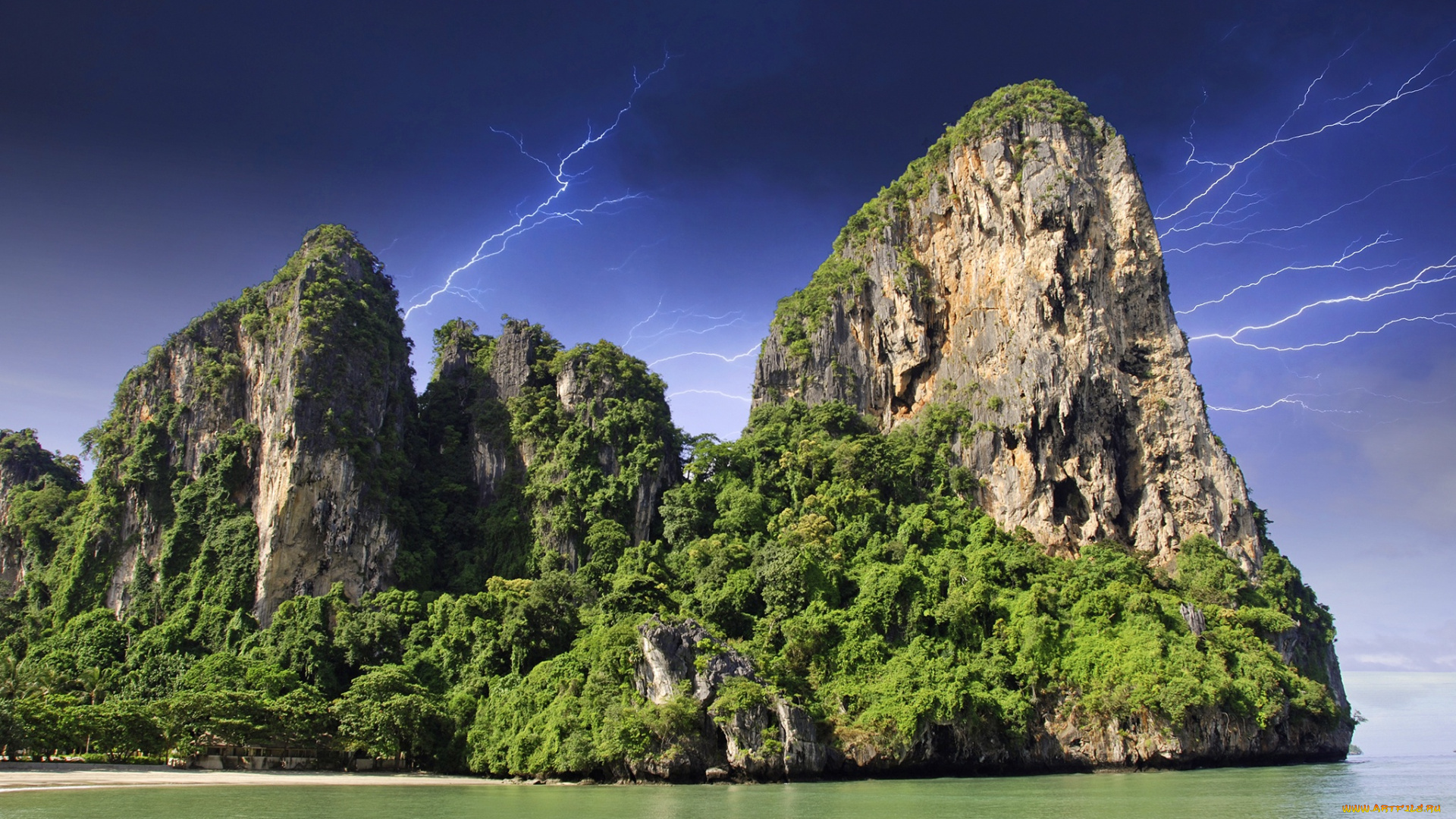 природа, молния, , гроза, таиланд, деревья, берег, море, гроза, солнце, небо, скалы, тропики, молнии, тучи