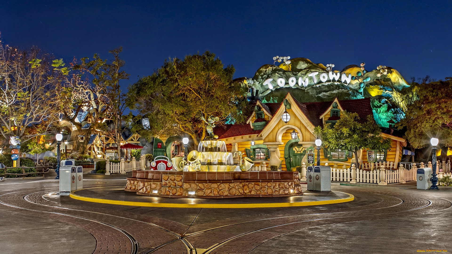 разное, карусели, , качели, , аттракционы, фонари, деревья, рельсы, диснейленд