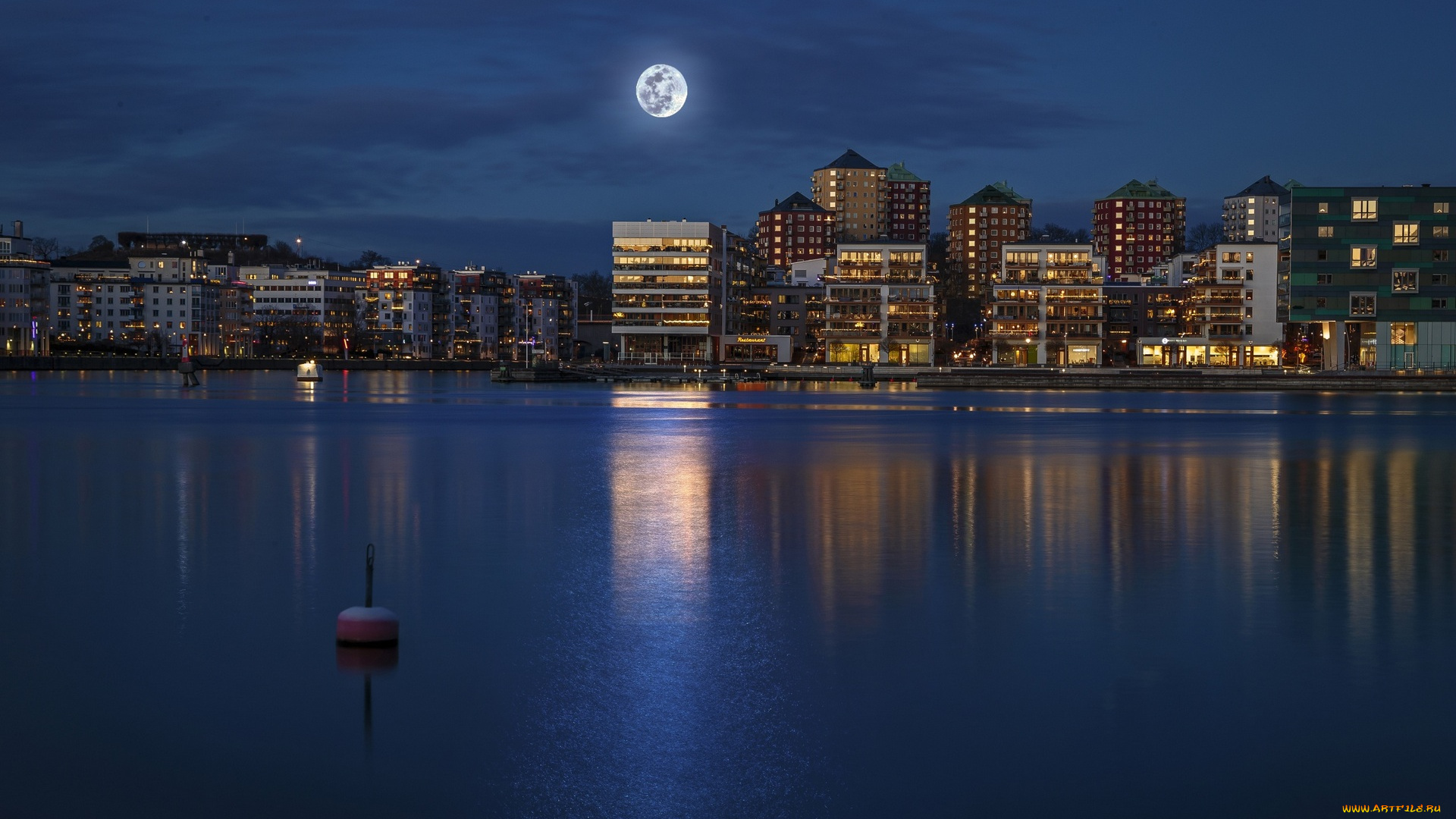 стокгольм, города, стокгольм, , швеция, водоем, луна, здания