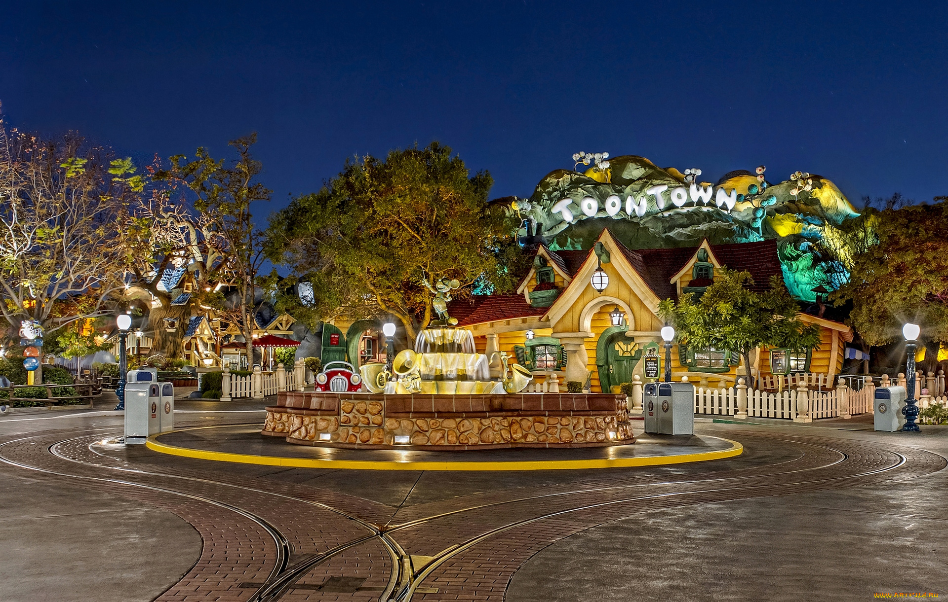 разное, карусели, , качели, , аттракционы, фонари, деревья, рельсы, диснейленд