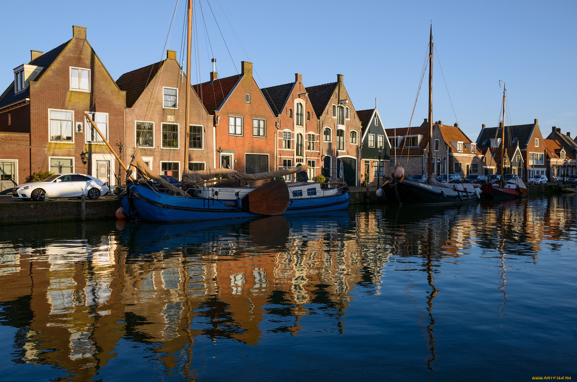 корабли, Яхты, машина, дома, водоем