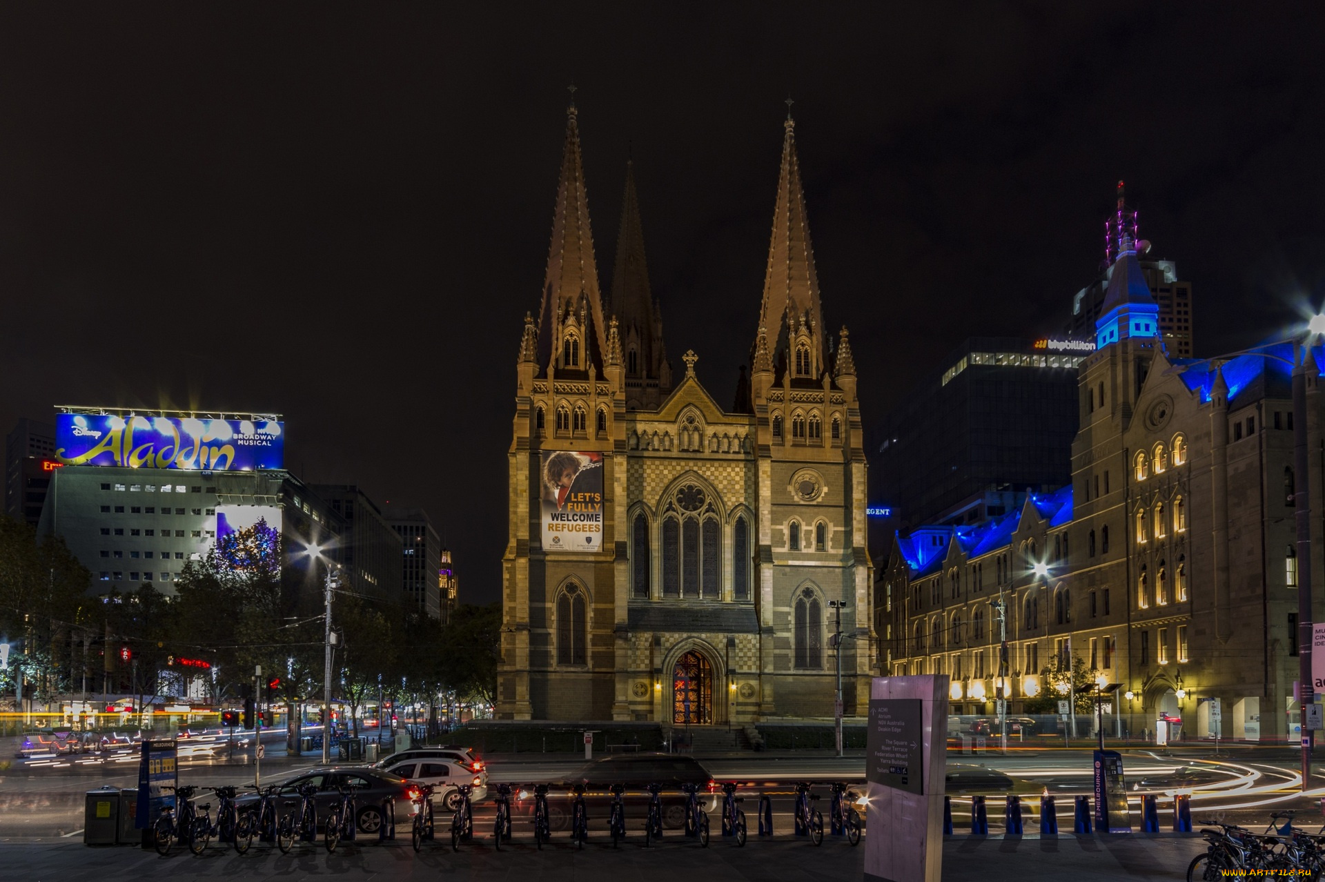 австралия, города, -, католические, соборы, , костелы, , аббатства, ночь, фонари, здания, машины