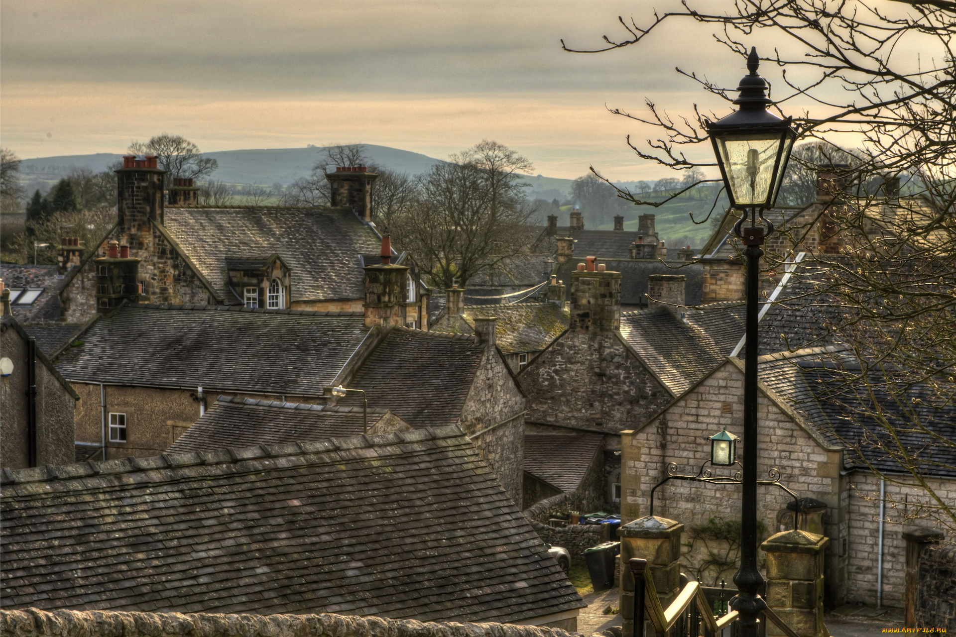 города, -, панорамы, холм, фонарь, крыши