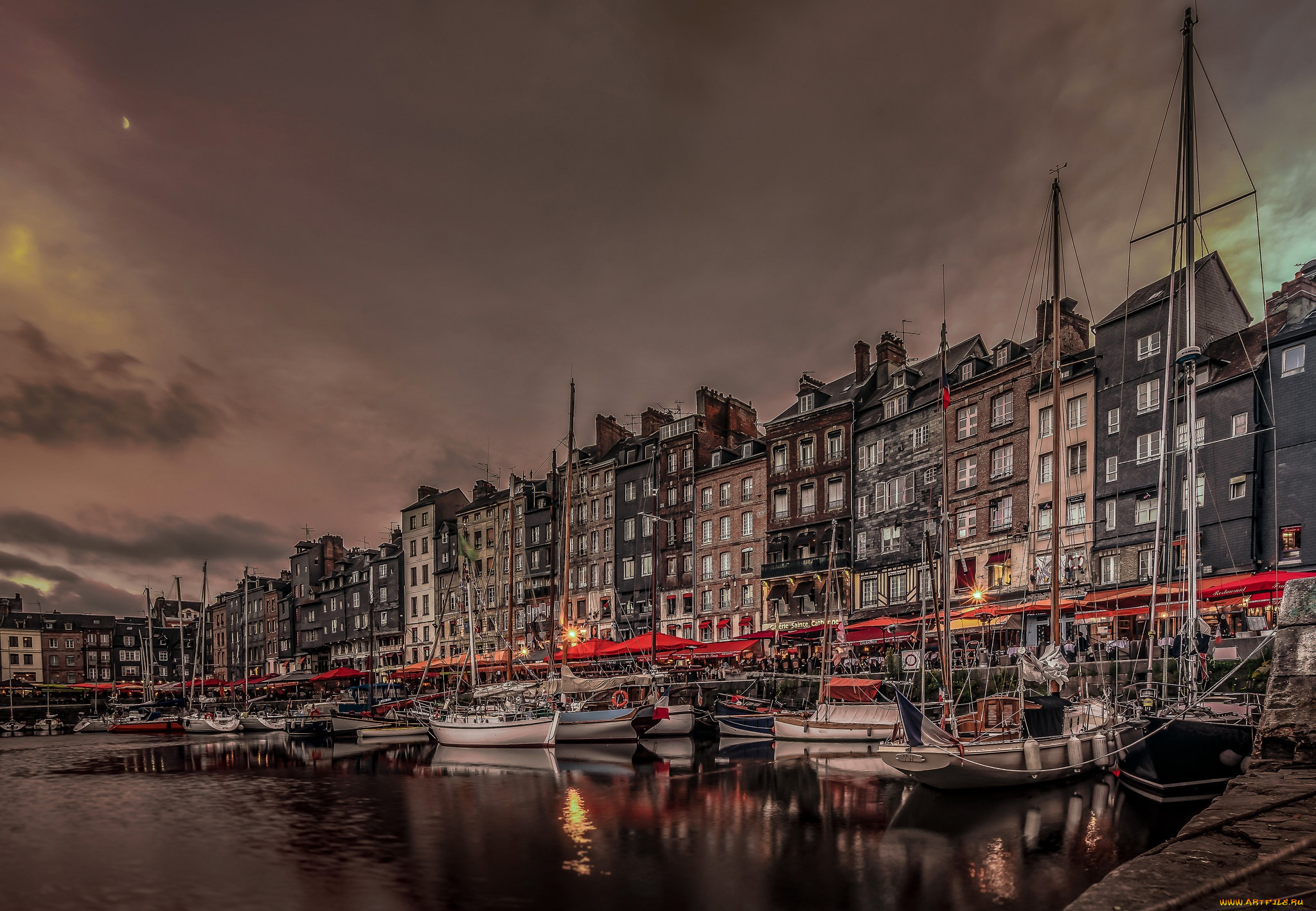 корабли, порты, , , причалы, лодки, франция, дома, старая, гавань, огни, ночь, нормандия, онфлёр