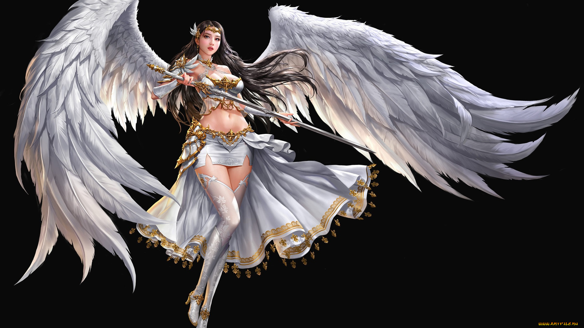 фэнтези, ангелы, арт, взгляд, фон, крылья, ангел, angel, девушка, черный