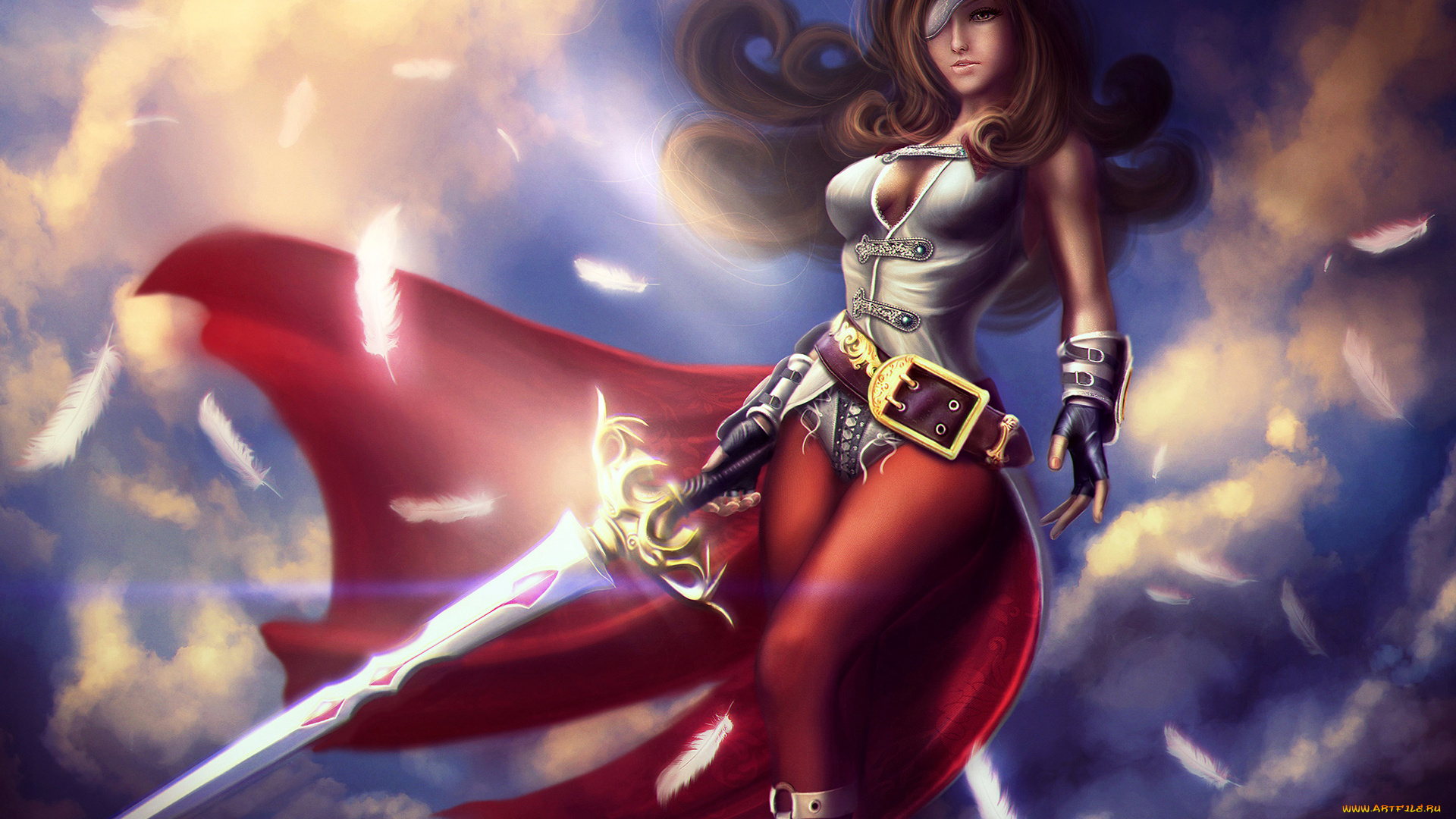 фэнтези, девушки, девушка, фон, плащ, меч, взгляд