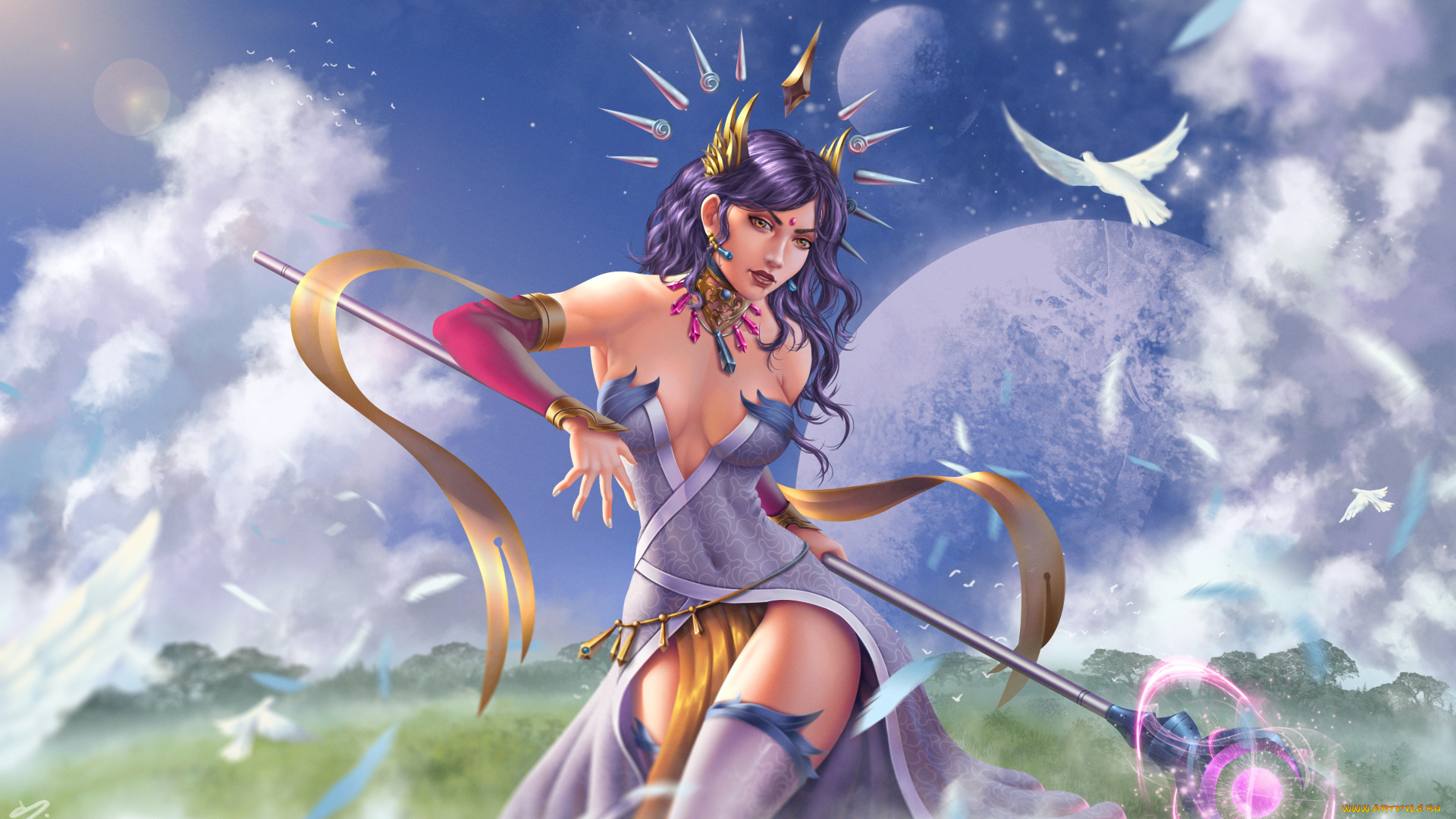 фэнтези, девушки, платье, lana, solaris, посох, маг, планета, голубь, девушка, птица, грудь, красавица