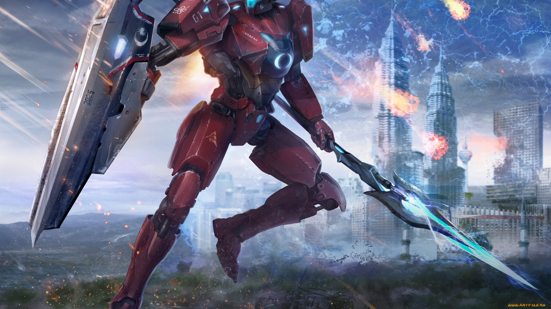 фэнтези, роботы, , киборги, , механизмы, лодка, pacific, rim, арт, закат, река, щит, катер, город, jaeger, робот