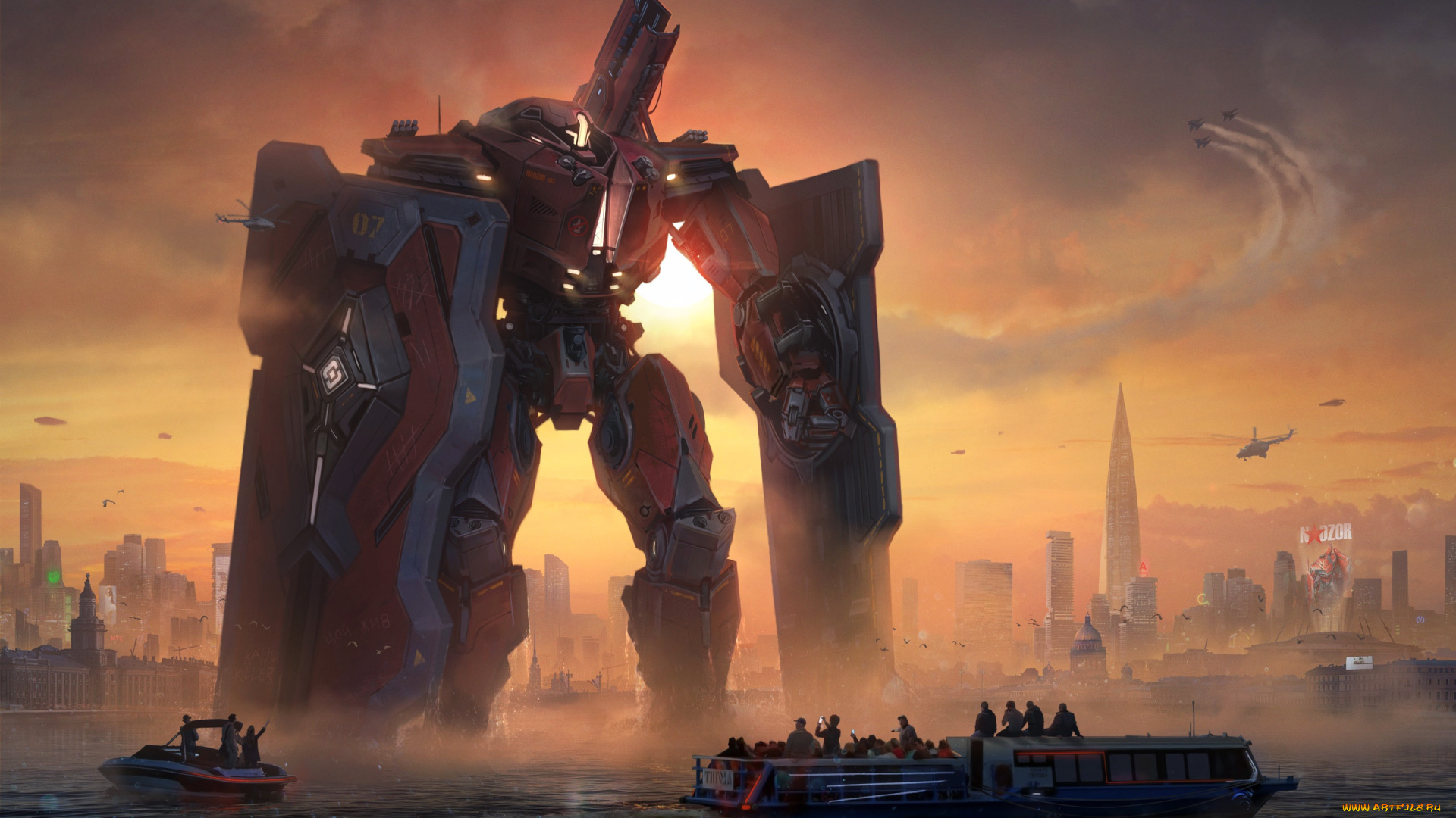 фэнтези, роботы, , киборги, , механизмы, pacific, rim, арт, jaeger, город, катер, река, щит, робот, закат, лодка