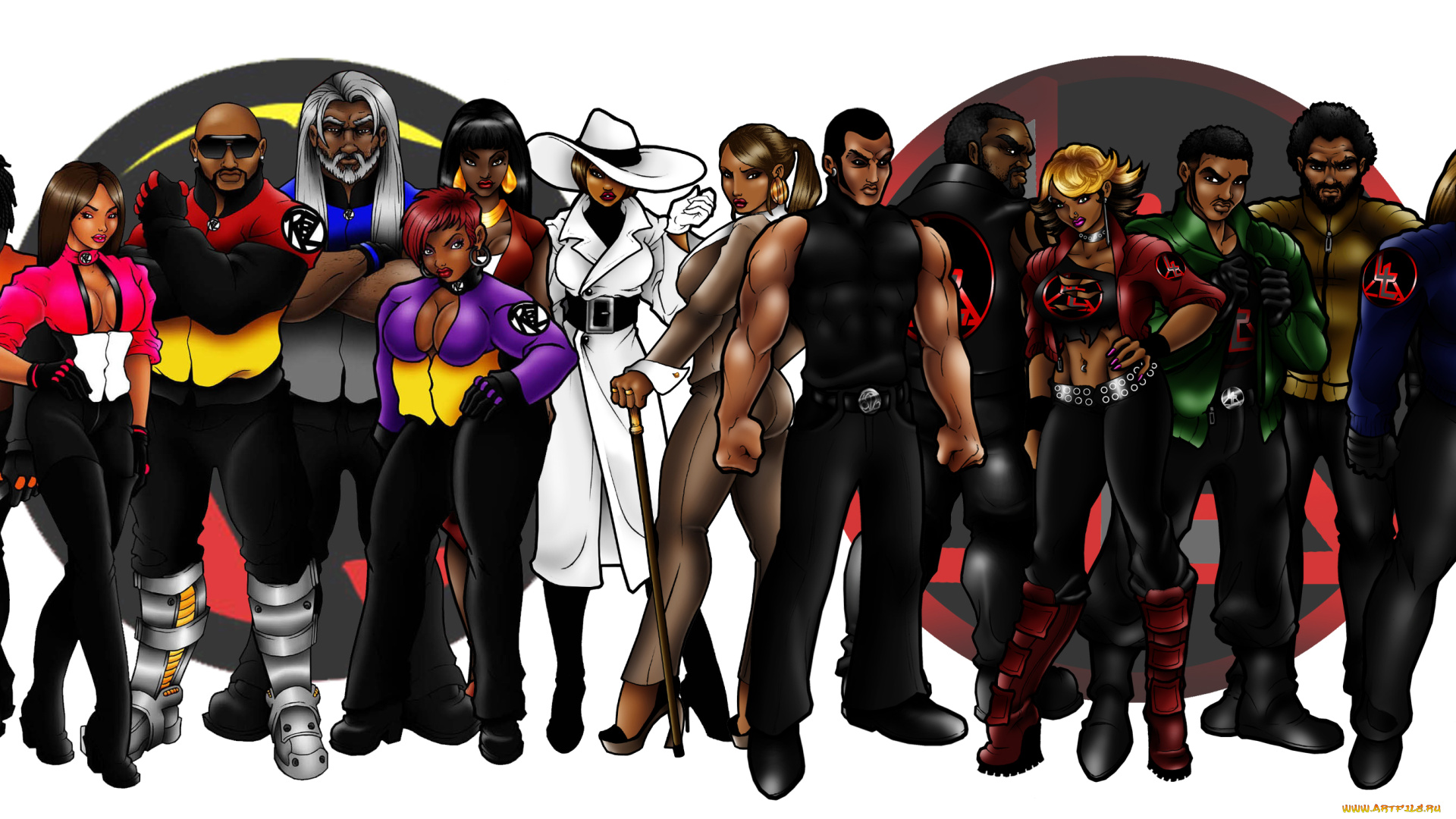 рисованное, комиксы, девушки, мужчины, фон, взгляд, униформа