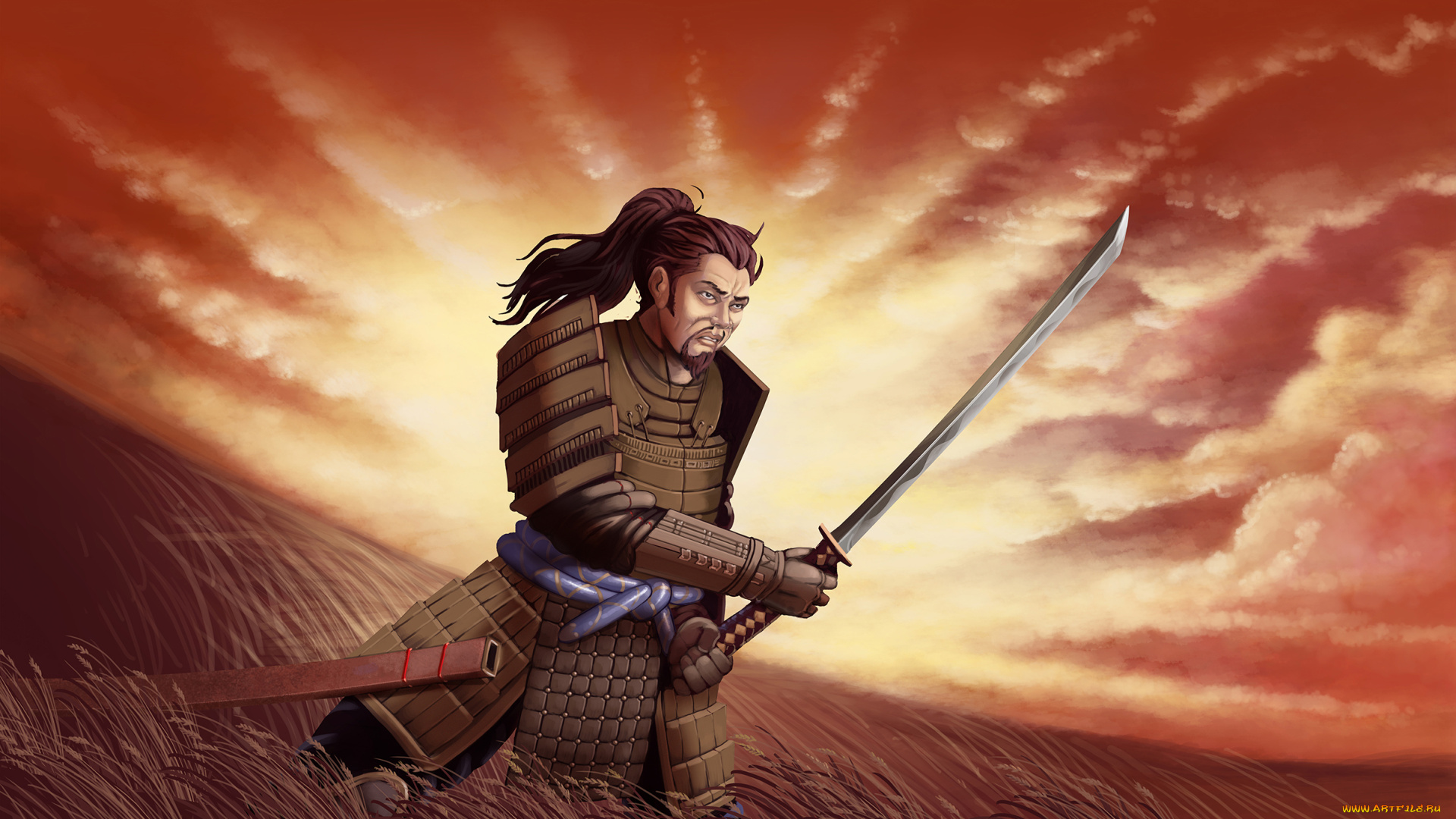 рисованное, комиксы, меч, униформа, фон, мужчина, самурай