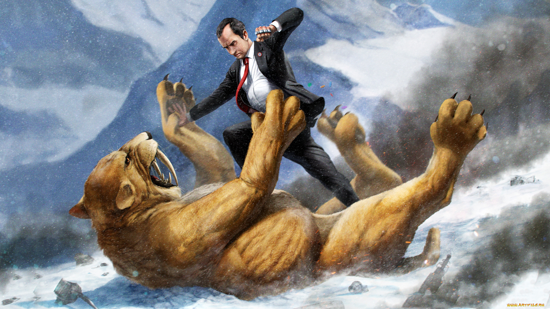 рисованное, комиксы, мужчина, фон, тигр