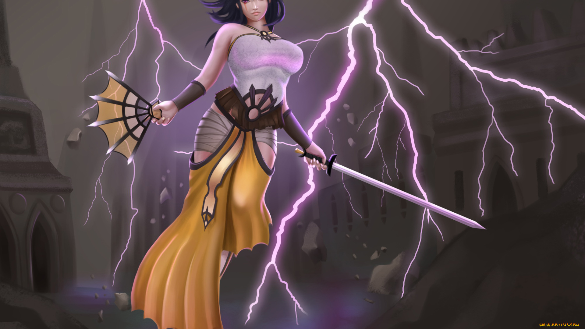 рисованное, комиксы, веер, взгляд, фон, девушка, меч