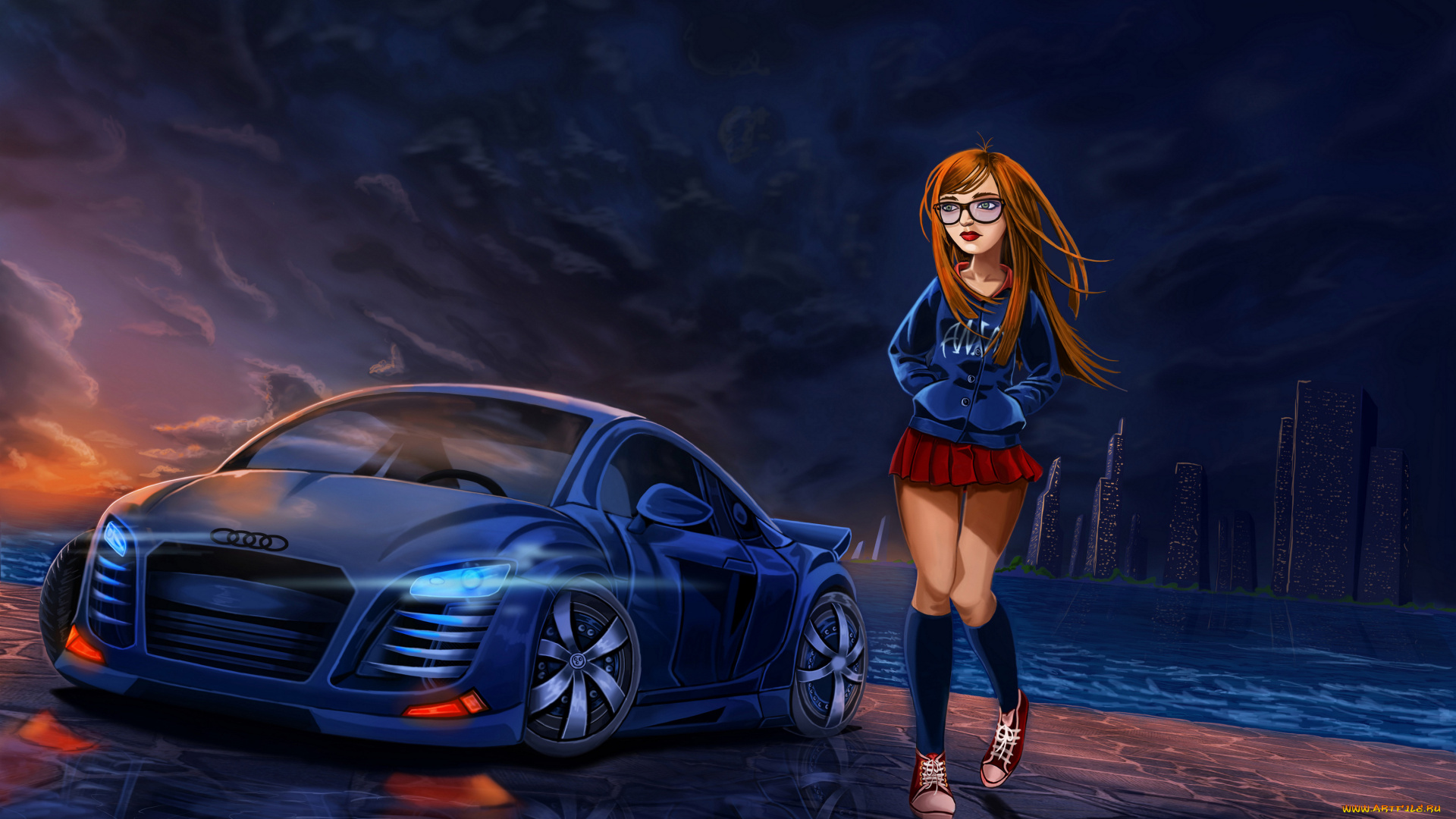 рисованное, люди, автомобиль, фон, т, очки, девушка