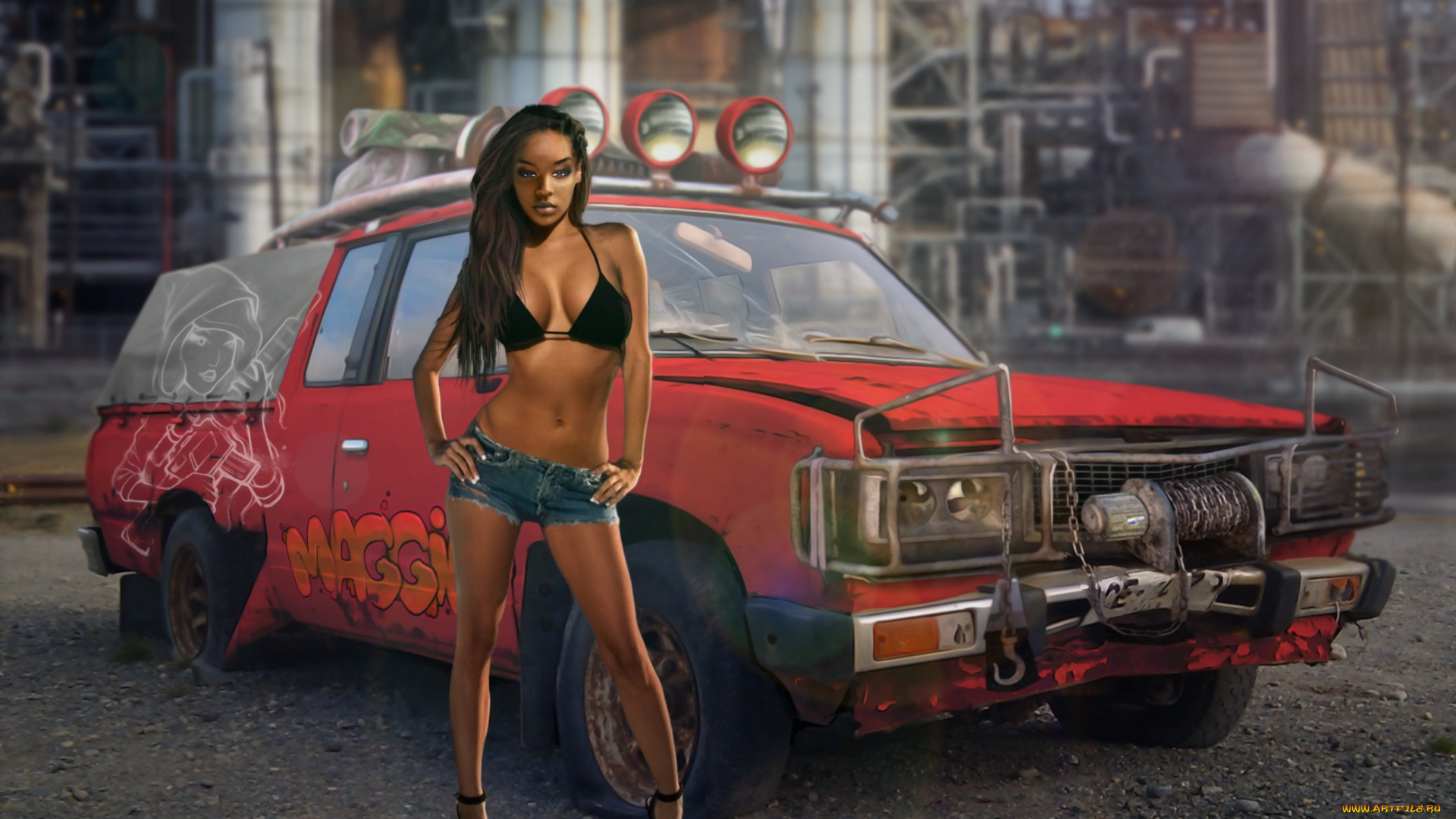 рисованное, люди, девушка, фон, автомобиль, взгляд