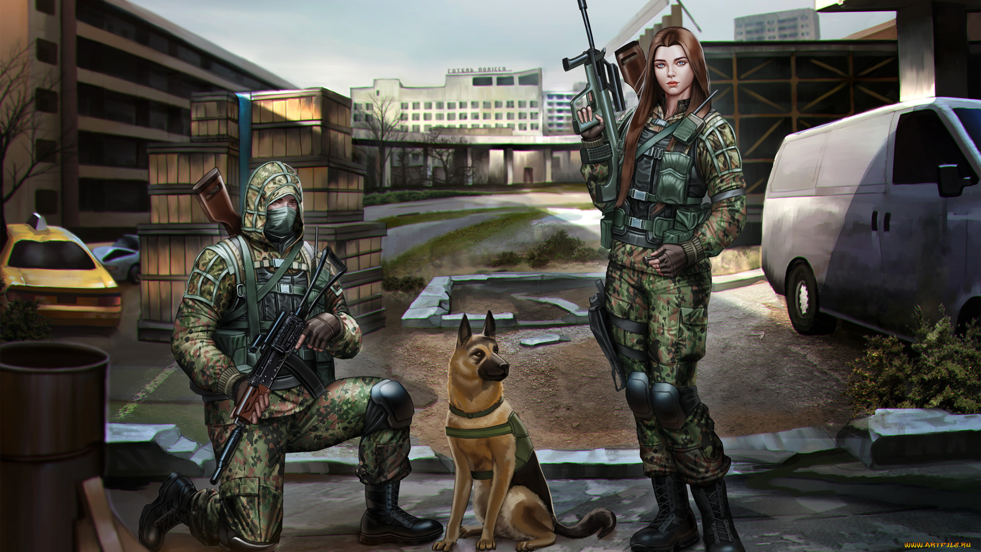 рисованное, люди, фон, девушка, мужчина, город, собака, оружие, камуфляж
