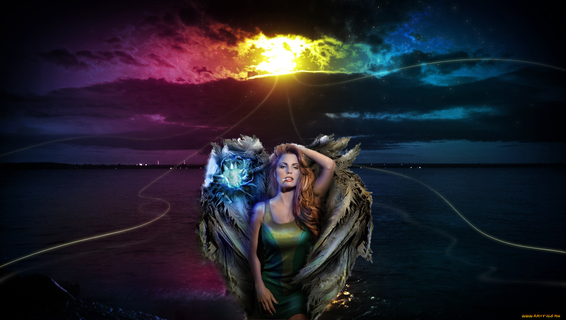 фэнтези, фотоарт, девушка, крылья, взгляд, фон