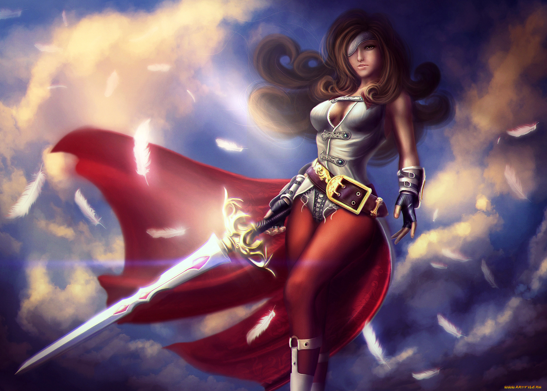 фэнтези, девушки, девушка, фон, плащ, меч, взгляд