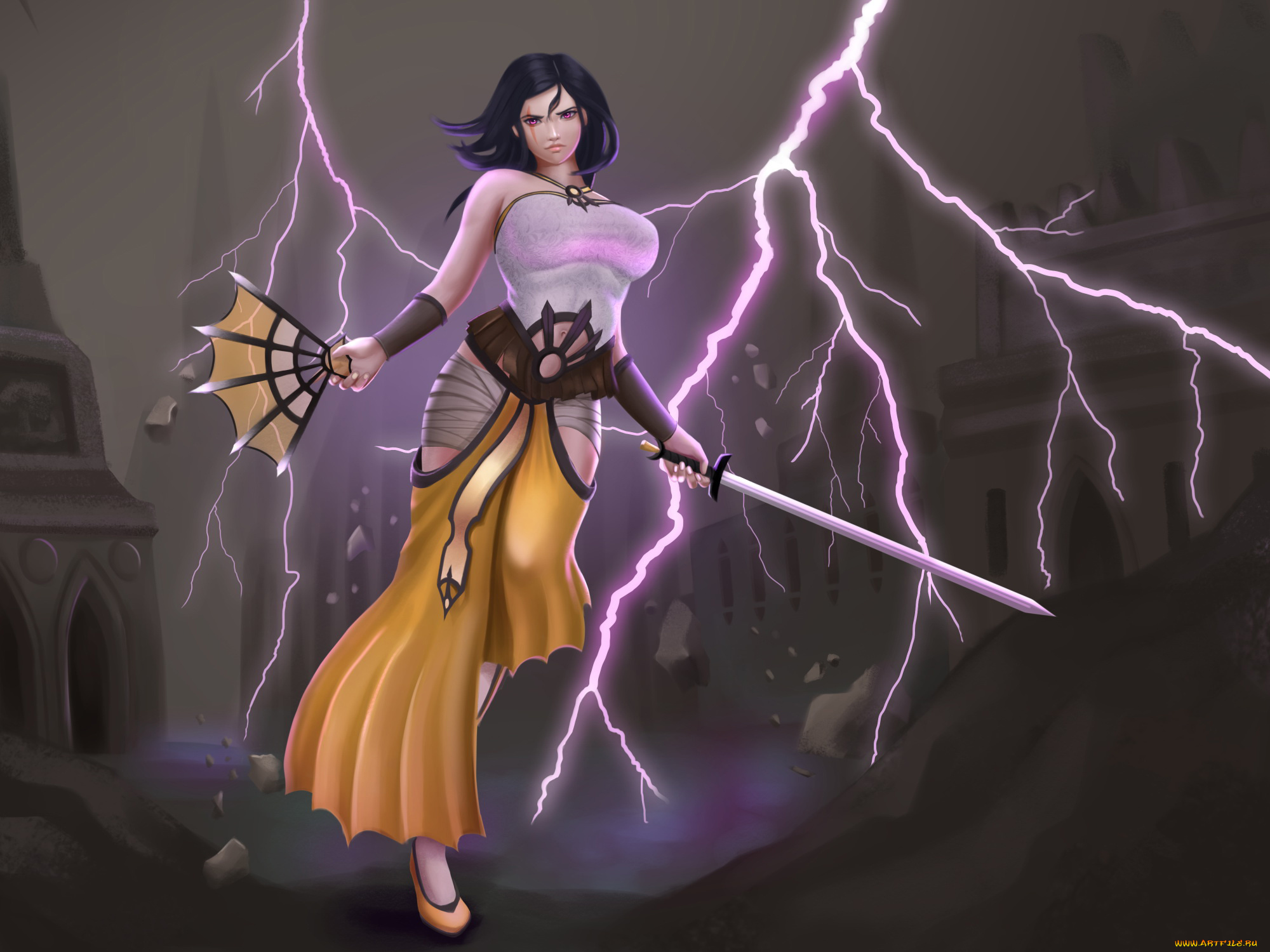 рисованное, комиксы, веер, взгляд, фон, девушка, меч