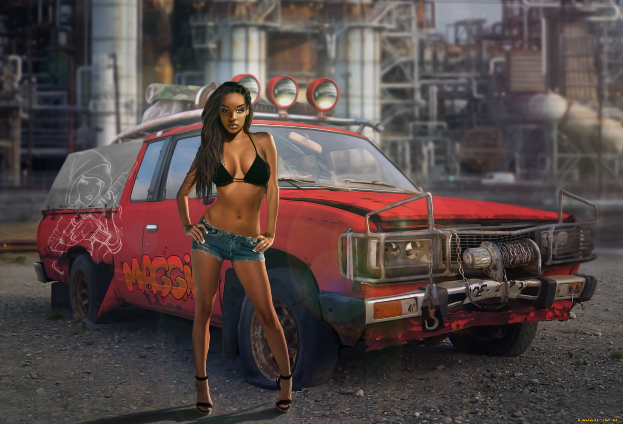 рисованное, люди, девушка, фон, автомобиль, взгляд