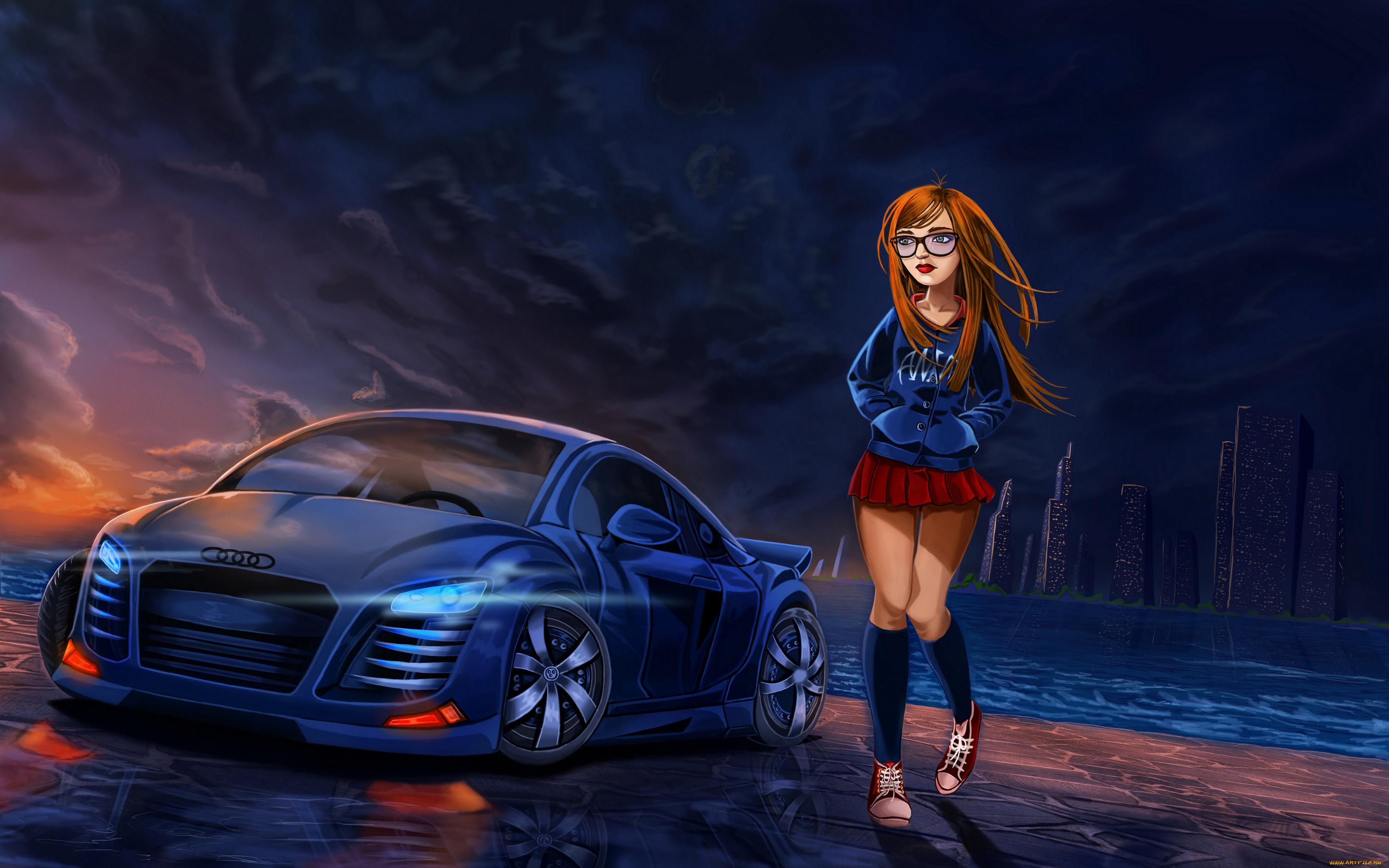 рисованное, люди, автомобиль, фон, т, очки, девушка