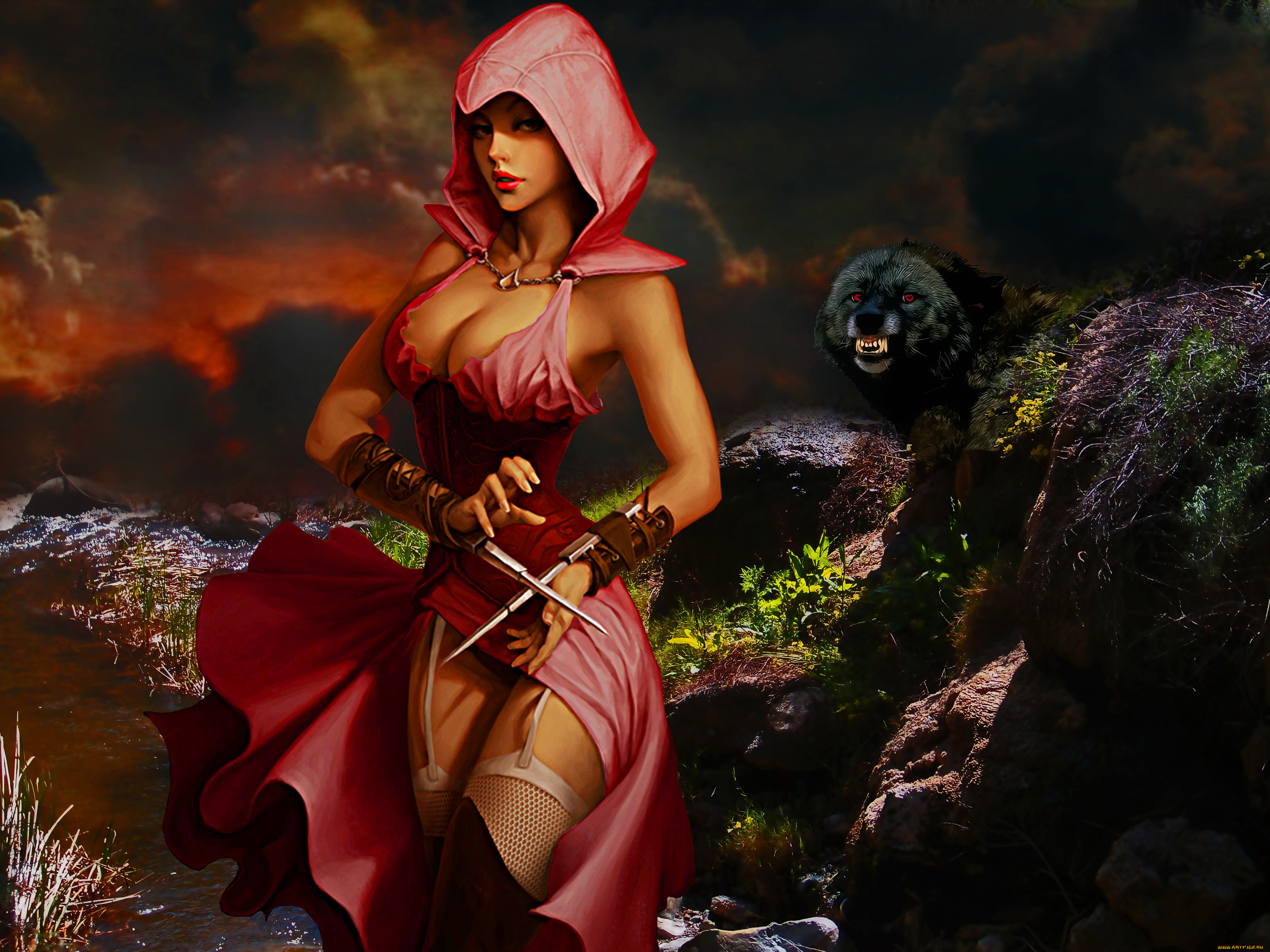 фэнтези, девушки, пантера, фон, девушка