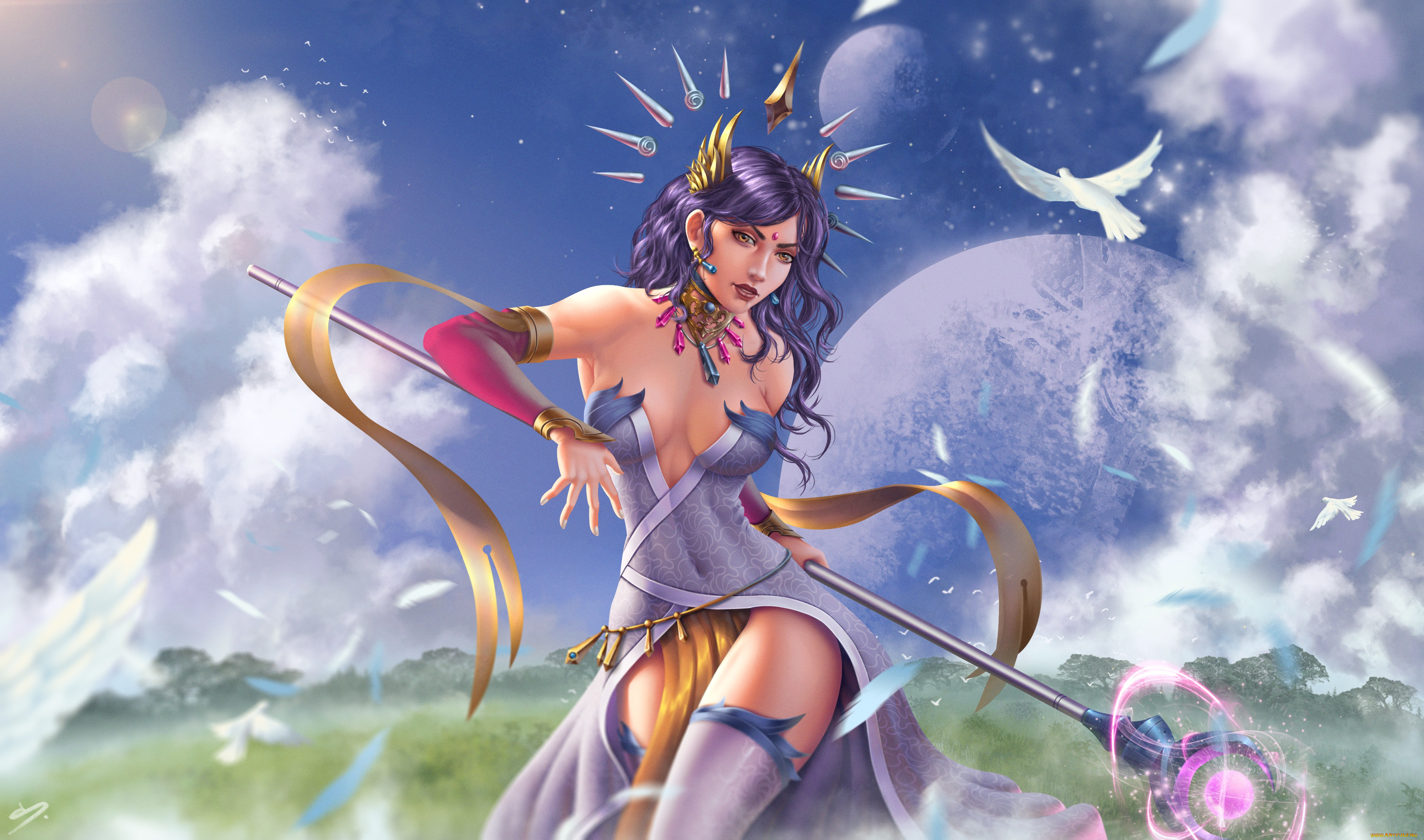 фэнтези, девушки, платье, lana, solaris, посох, маг, планета, голубь, девушка, птица, грудь, красавица