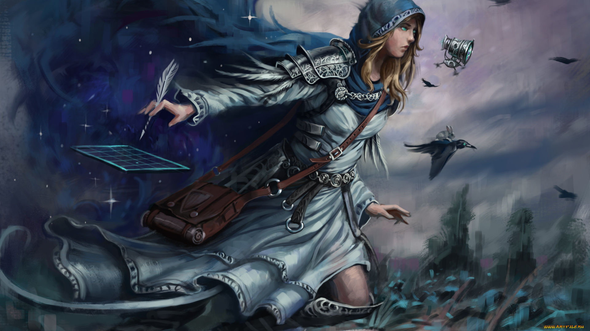 фэнтези, маги, , волшебники, фон, полет, платье, перо, птица, девушка