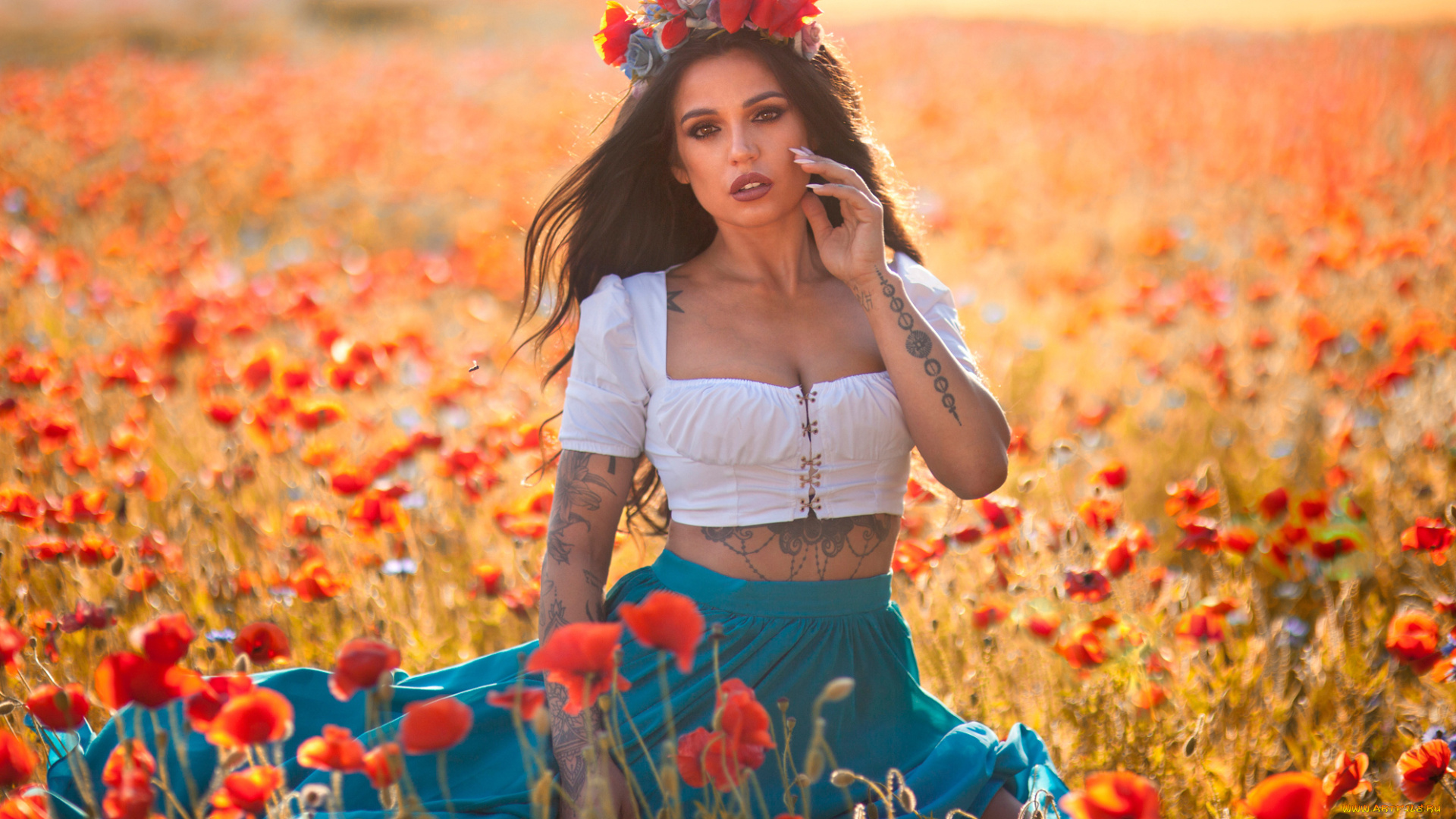 девушки, -, брюнетки, , шатенки, венок, луг, маки