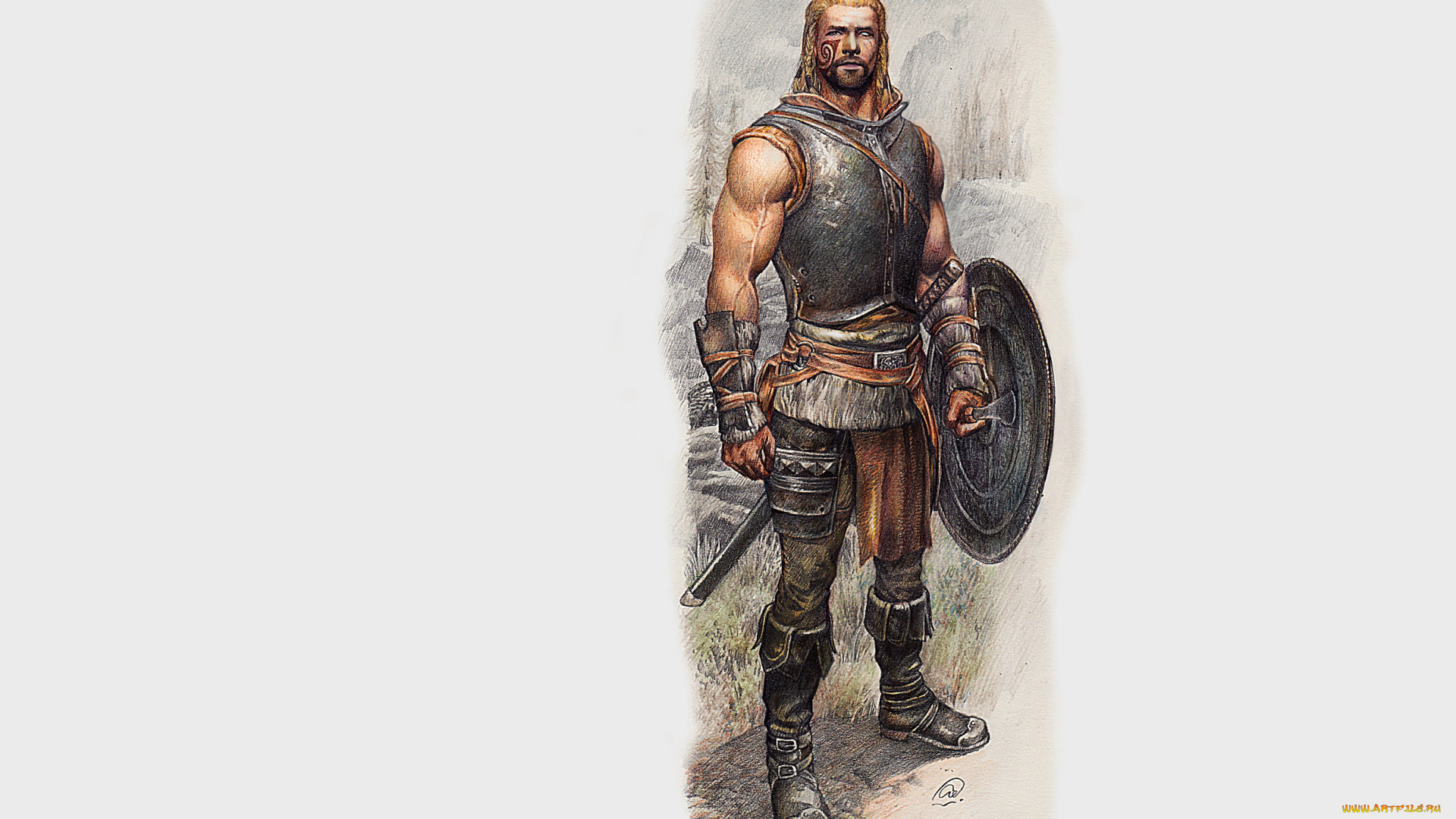 фэнтези, люди, воин, щит, доспех, меч, тату