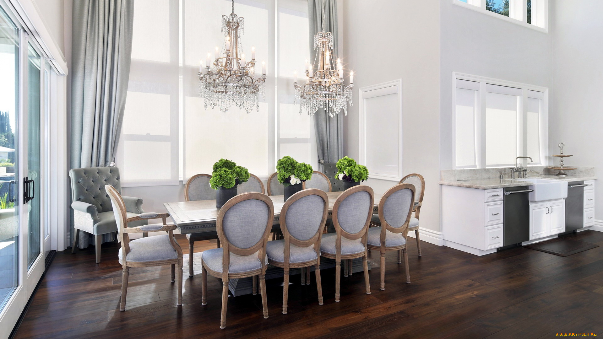 интерьер, столовая, люстры, обеденный, стол, стулья