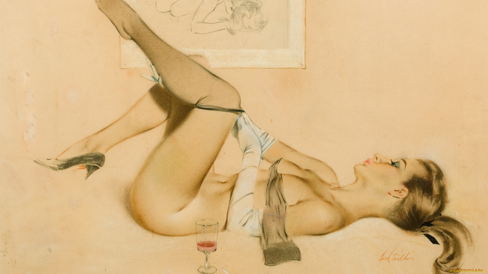 рисованное, люди, fritz, willis, блондинка, перчатки, чулки, картина