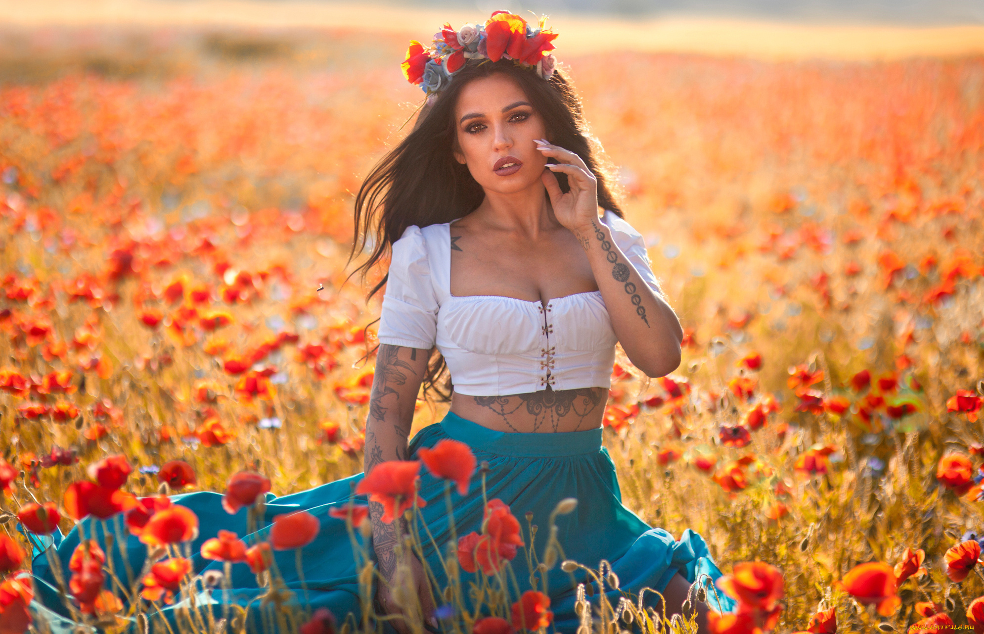 девушки, -, брюнетки, , шатенки, венок, луг, маки