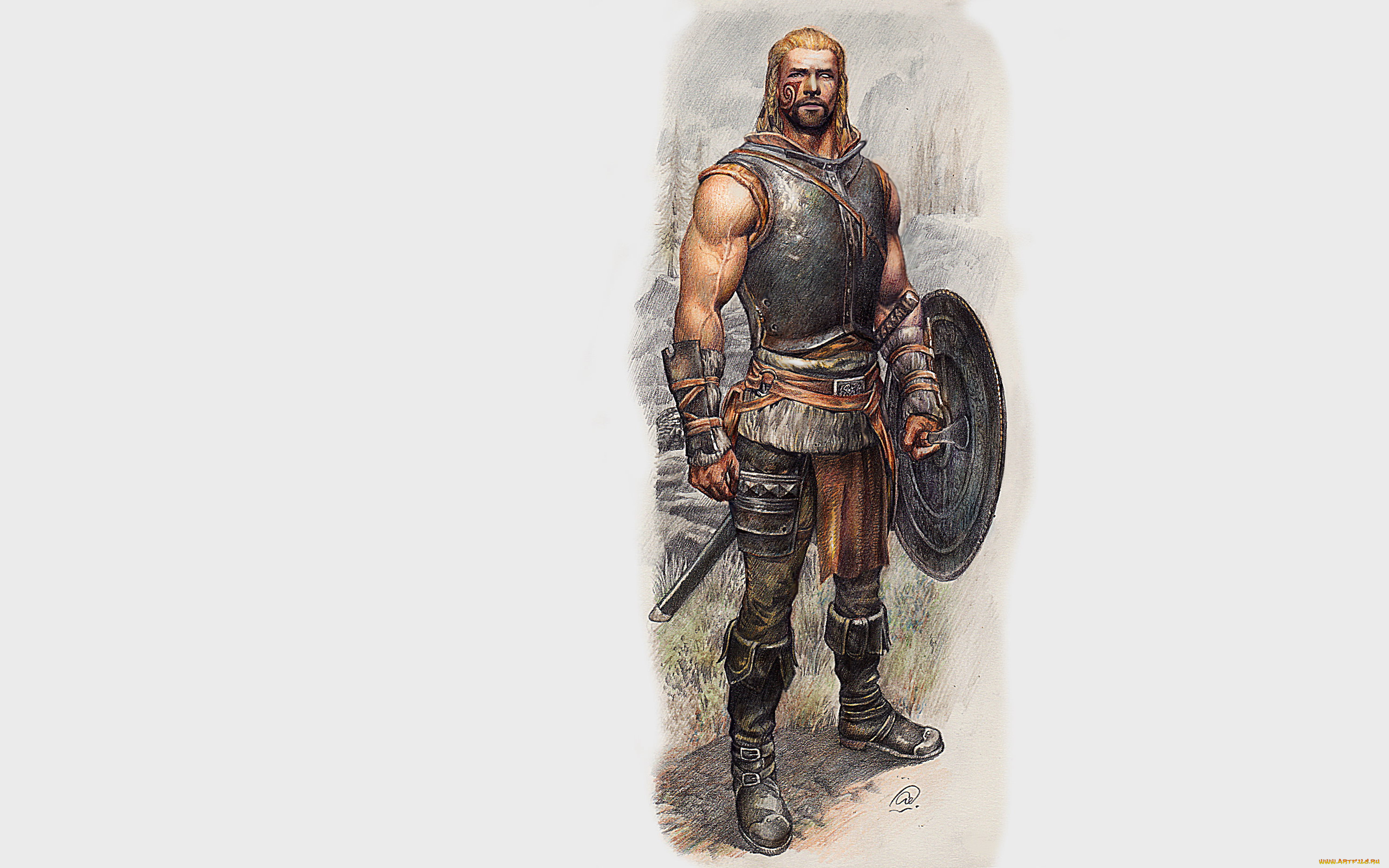 фэнтези, люди, воин, щит, доспех, меч, тату