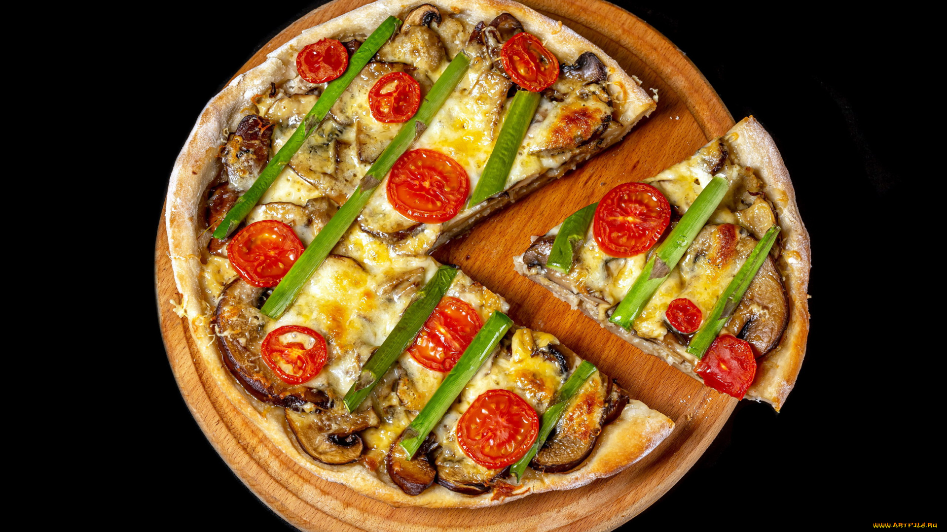 еда, пицца, грибы, помидоры