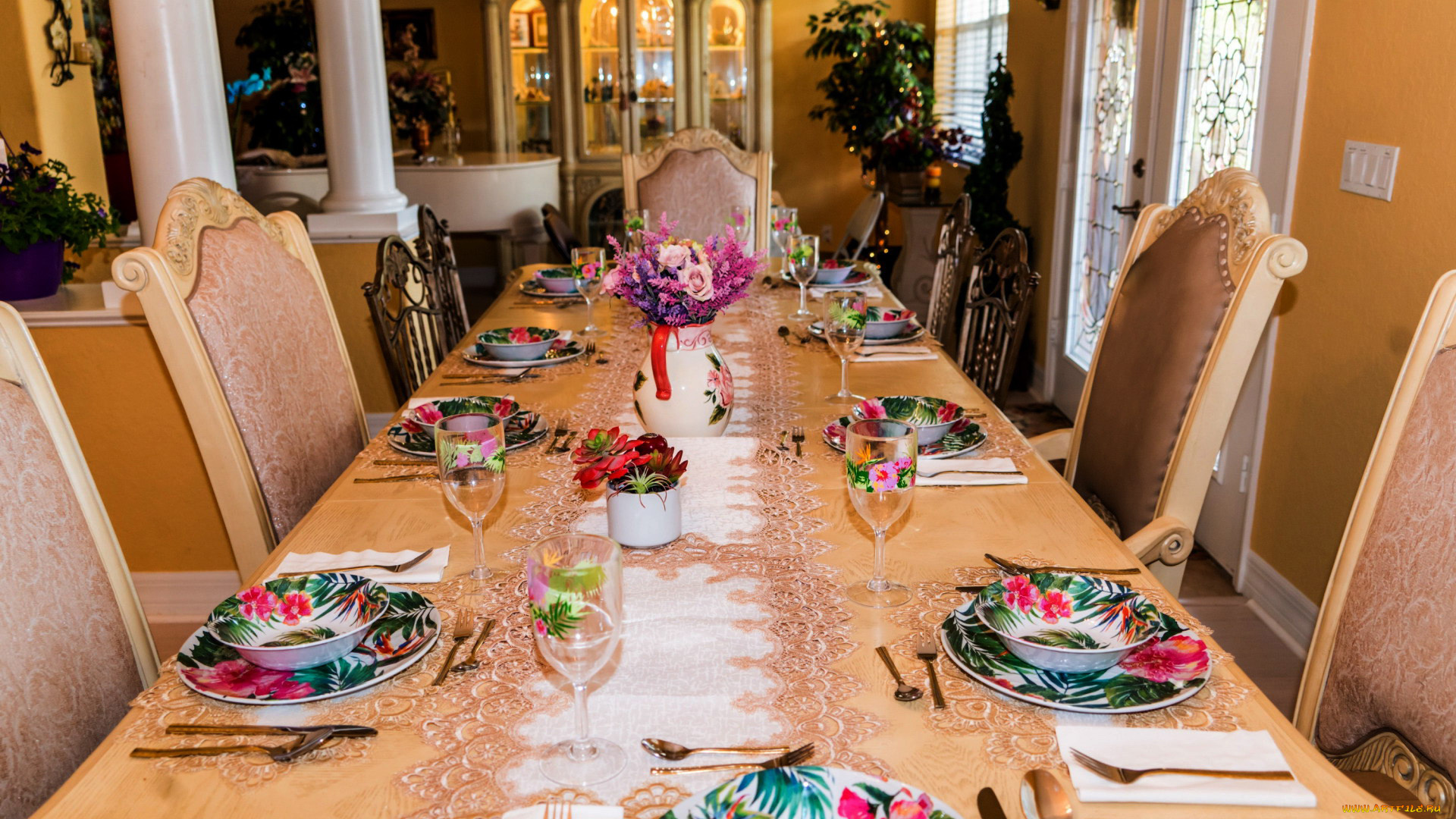 интерьер, декор, , отделка, , сервировка, приборы, бокалы, букеты