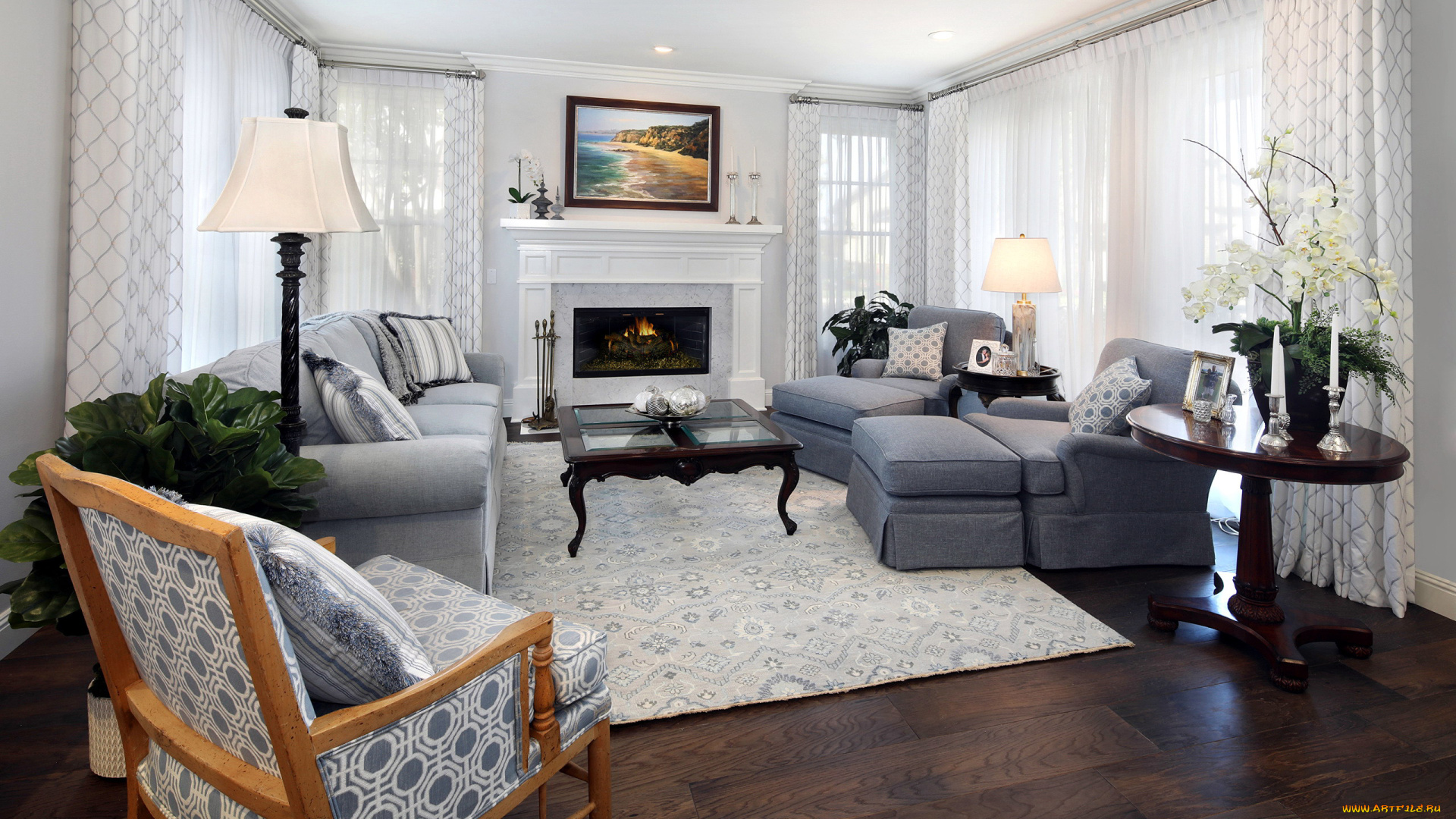 интерьер, гостиная, камин, картина, диван, кресла, свечи