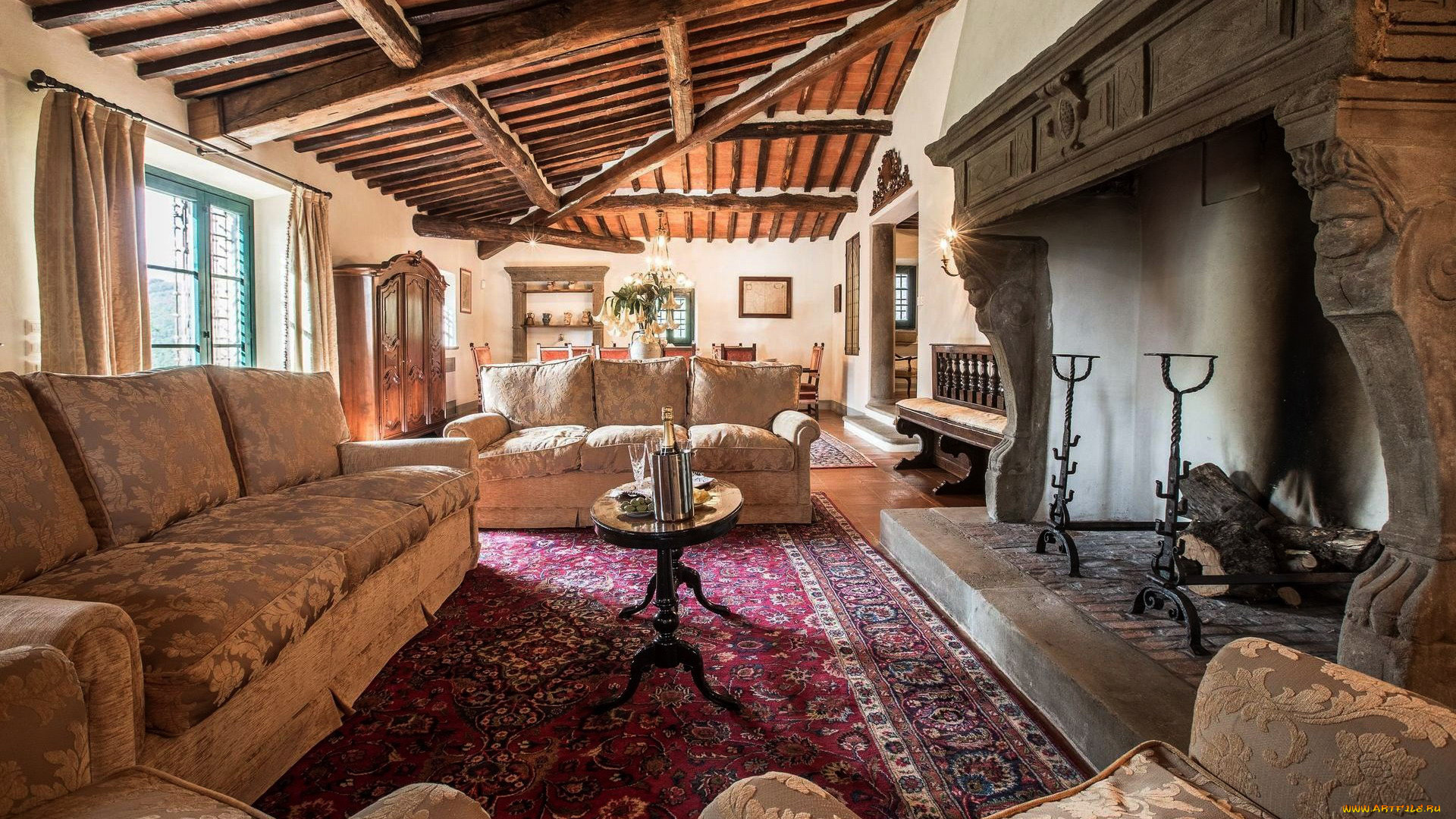 интерьер, гостиная, камин, ковер, диваны