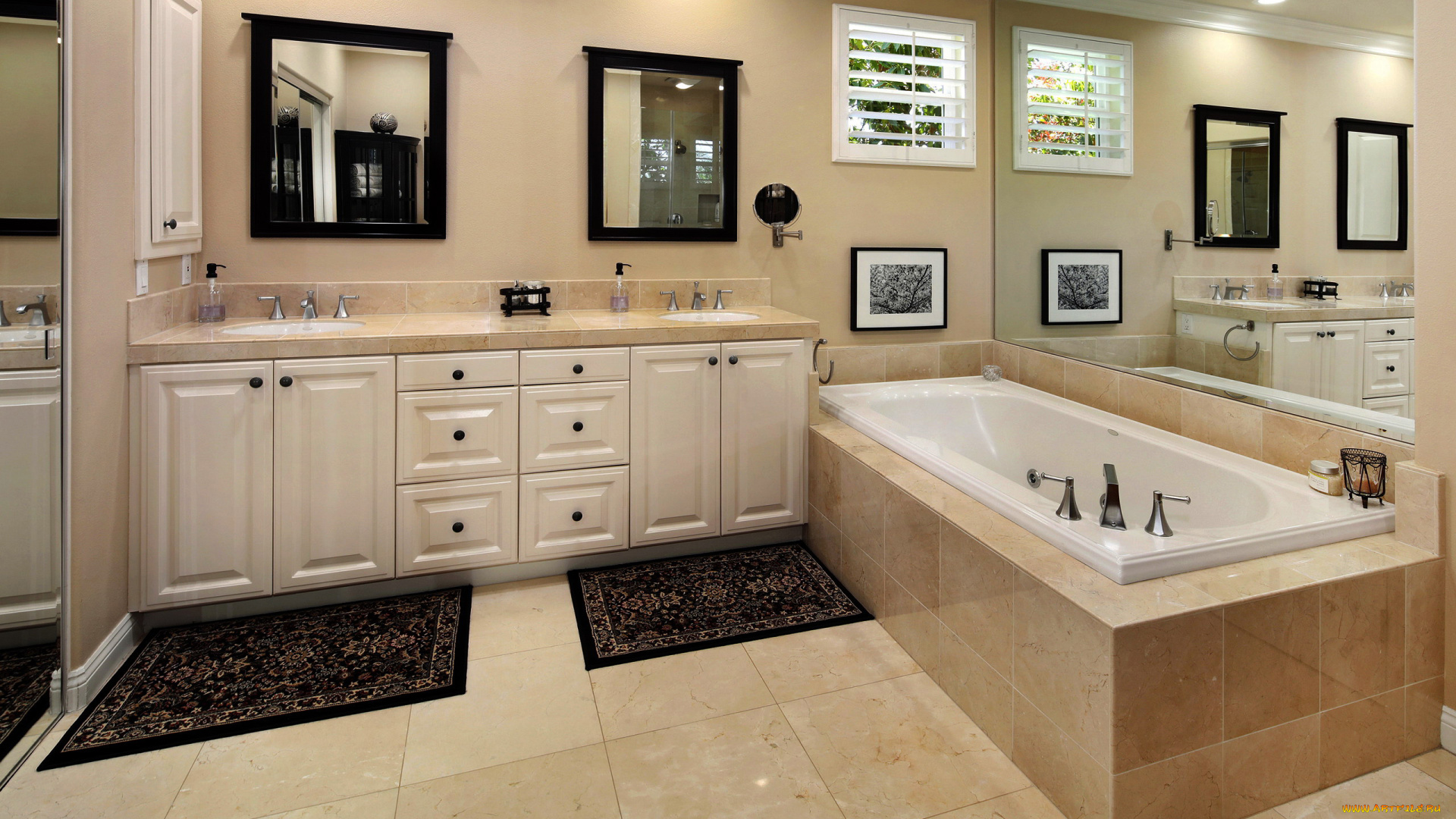 интерьер, ванная, и, туалетная, комнаты, ванна, коврики, зеркала