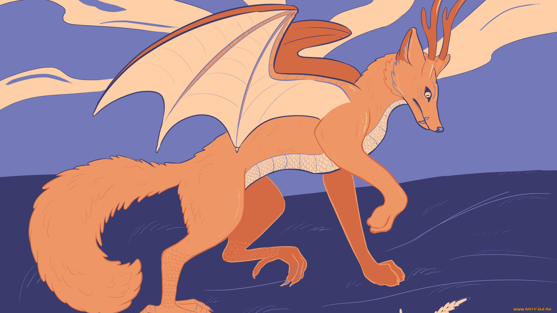 рисованное, животные, , сказочные, , мифические, животное, крылья, рога, хвост, поле