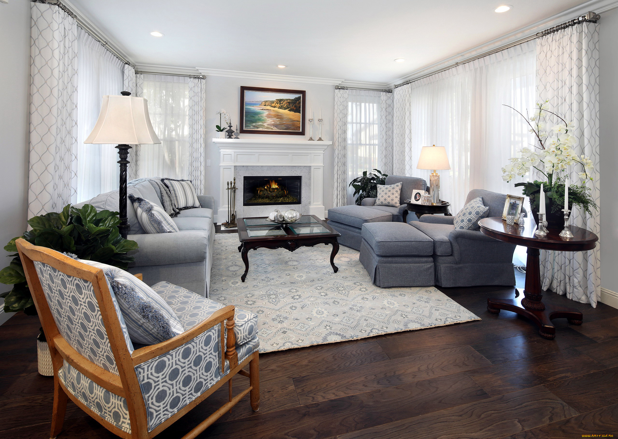 интерьер, гостиная, камин, картина, диван, кресла, свечи