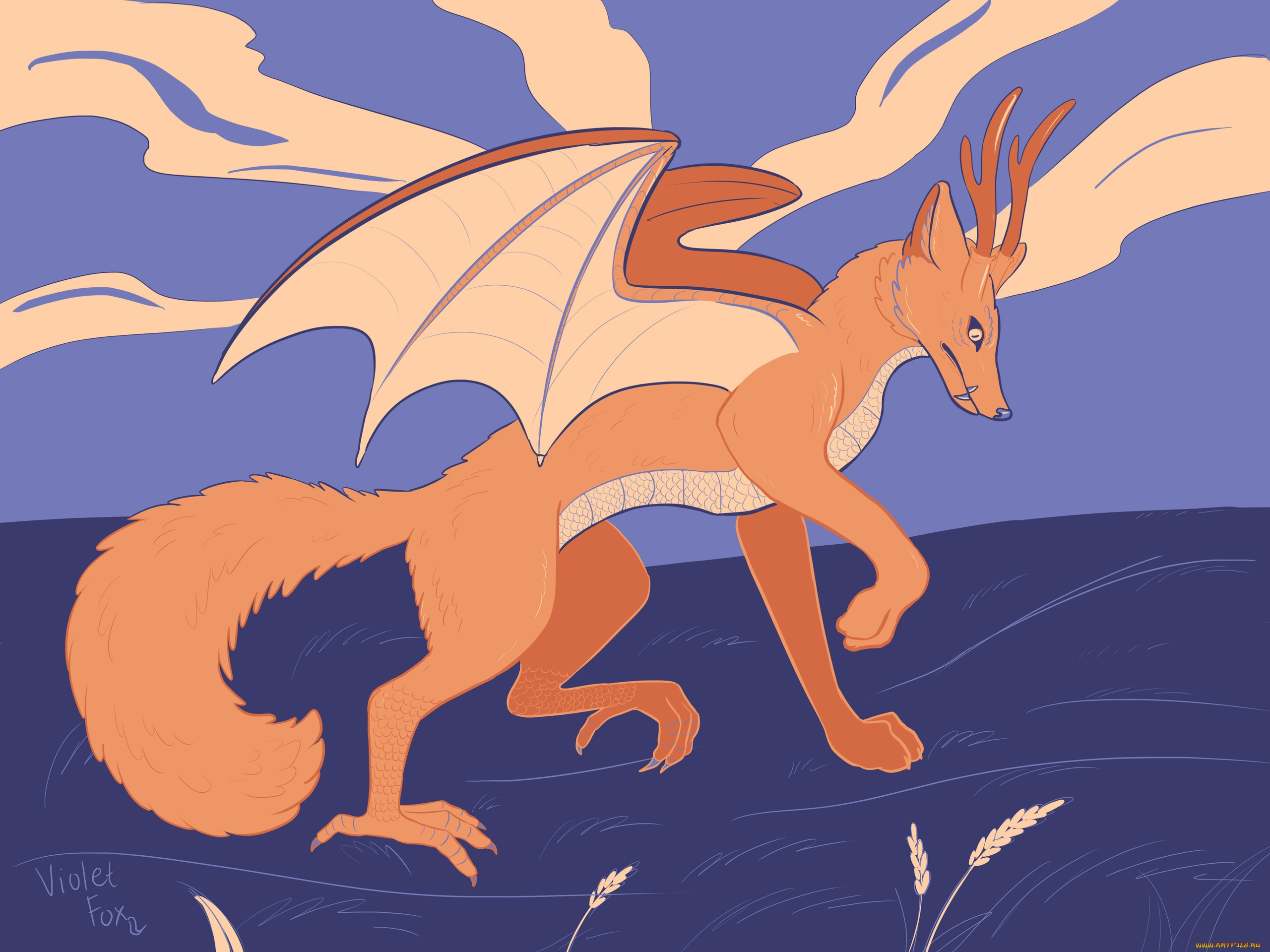 рисованное, животные, , сказочные, , мифические, животное, крылья, рога, хвост, поле