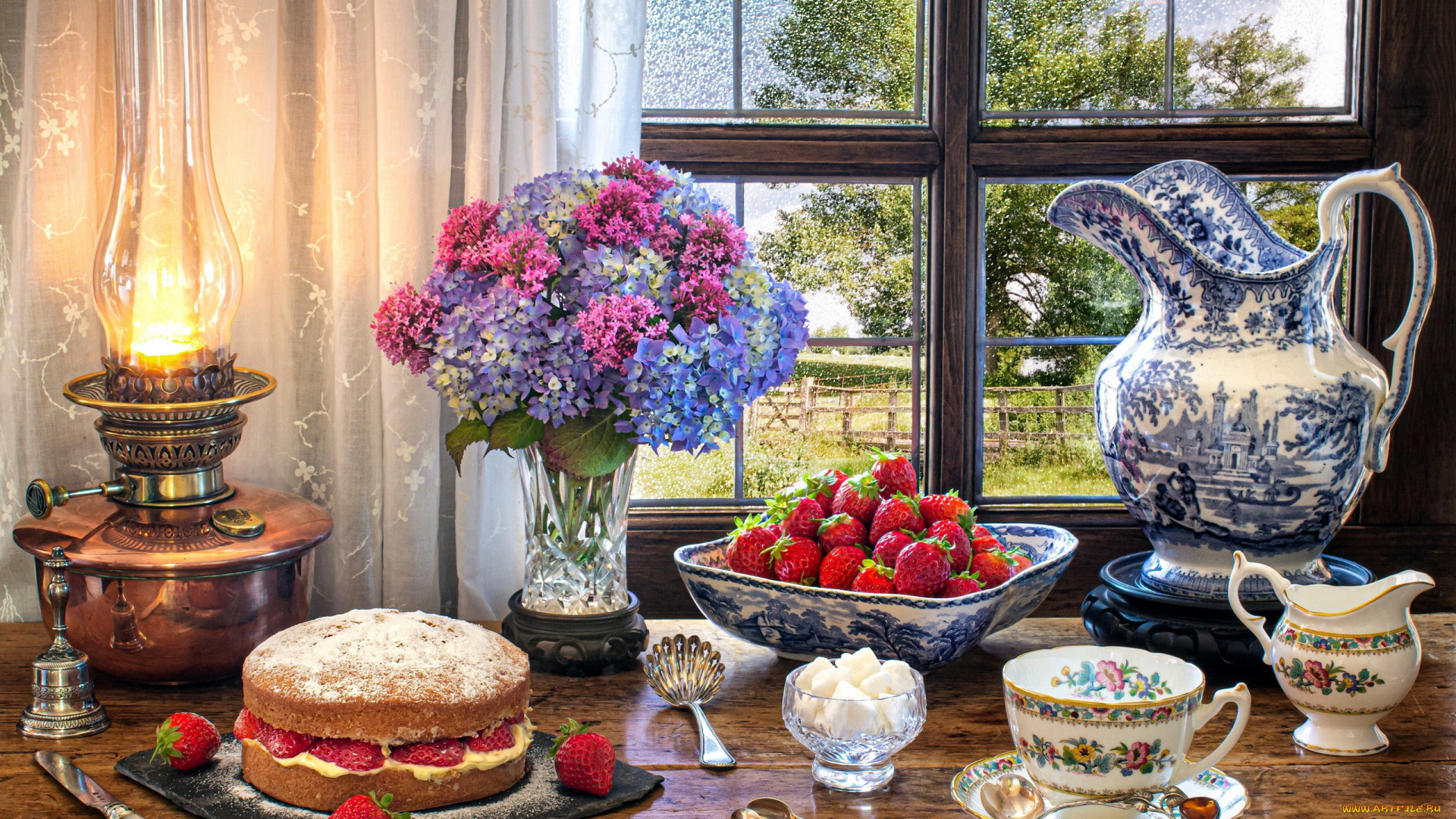 еда, натюрморт, гортензия, лампа, торт, клубника, сахар