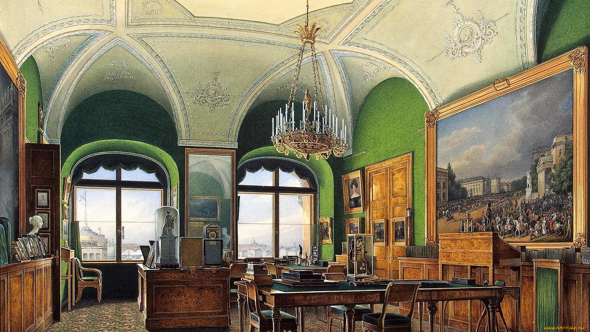 эдуард, гау, рисованное, комната, люстра, столы, картина, окна