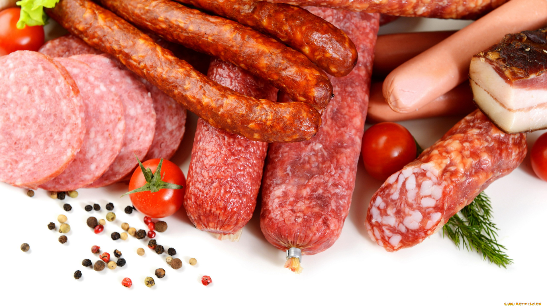 еда, колбасные, изделия, помидоры, колбаса, копченая, сало, сосиски
