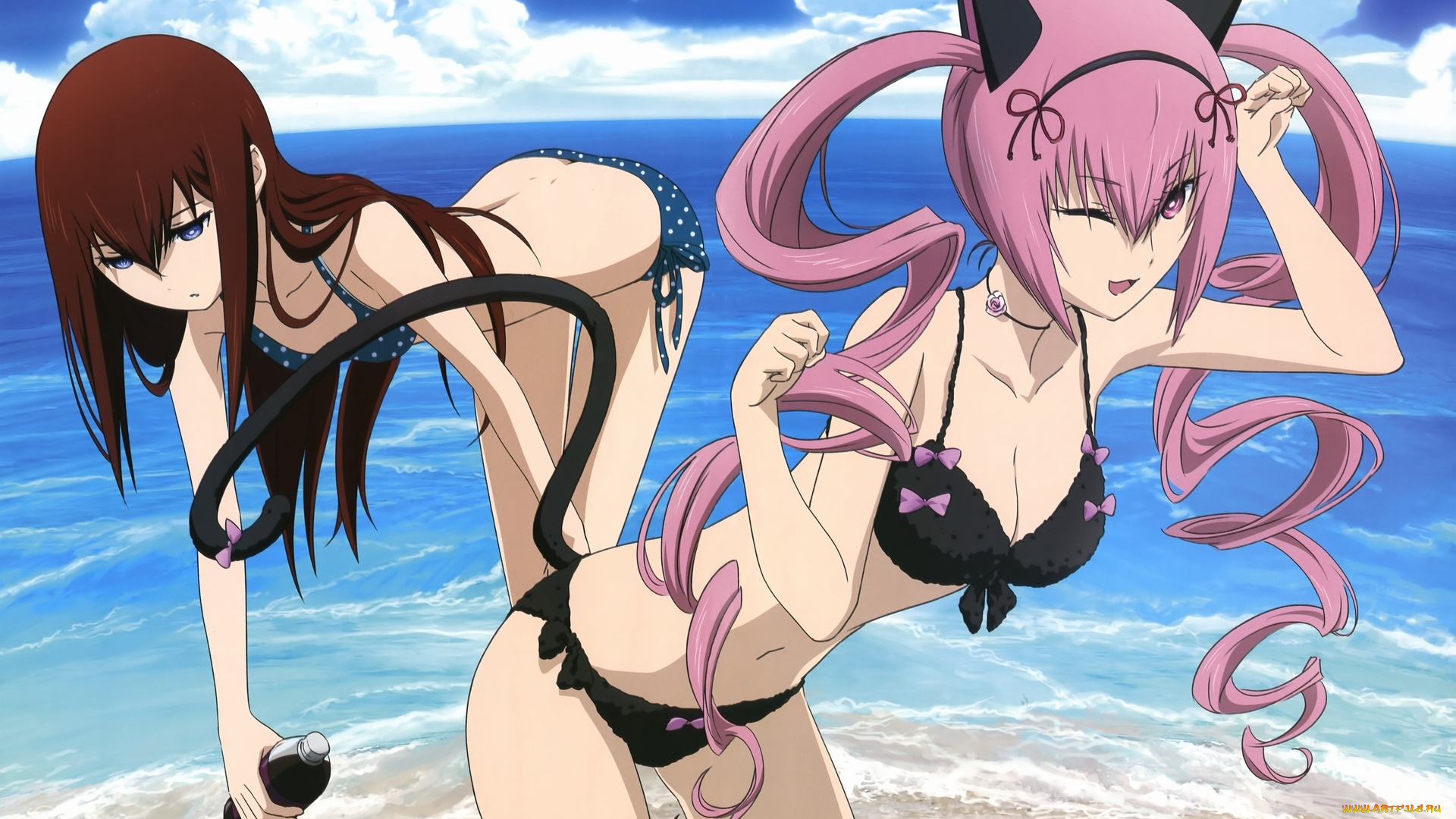 аниме, steins, gate, пляж, девушки