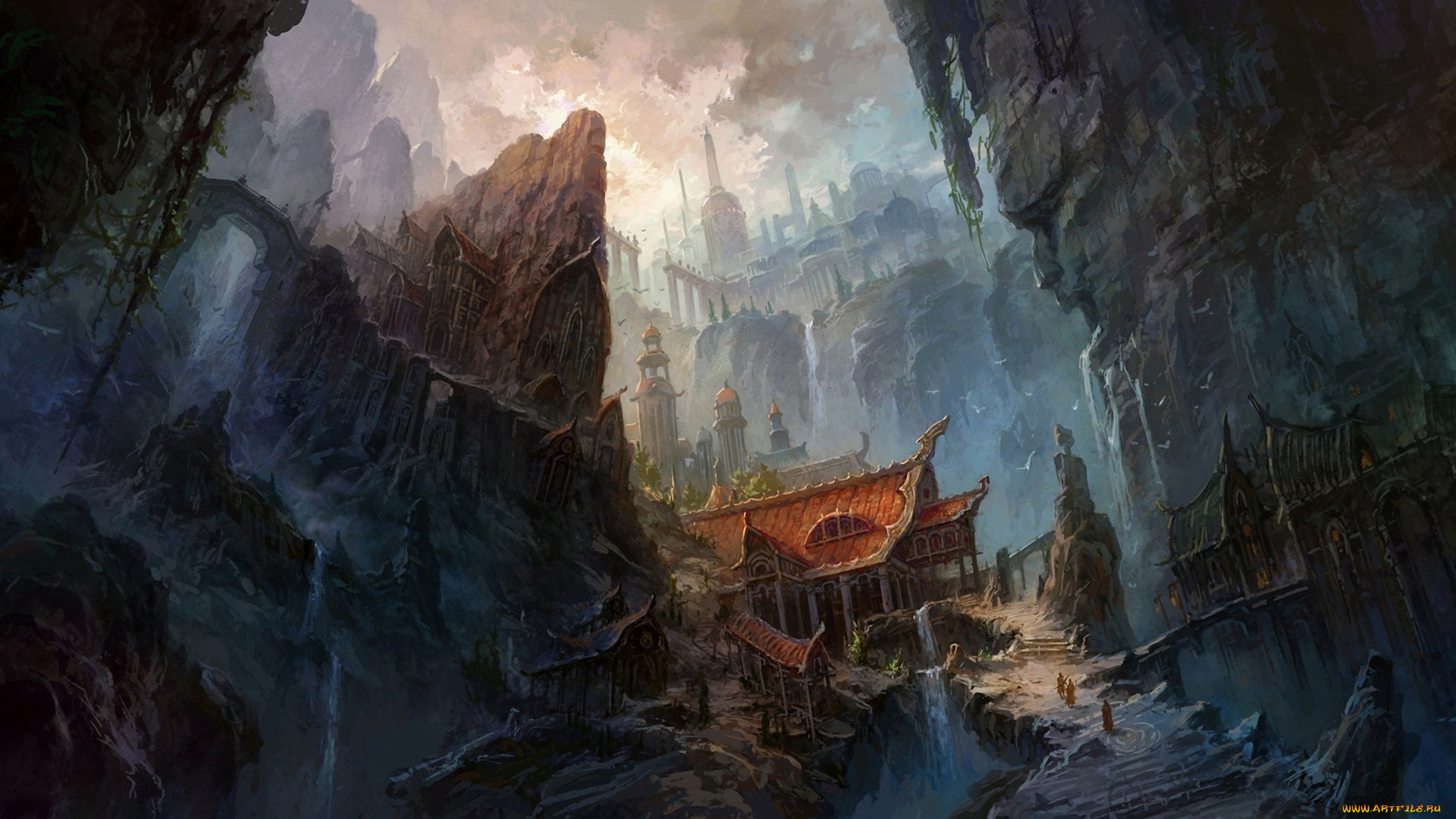 фэнтези, иные, миры, времена, мост, скалы, здания, горы