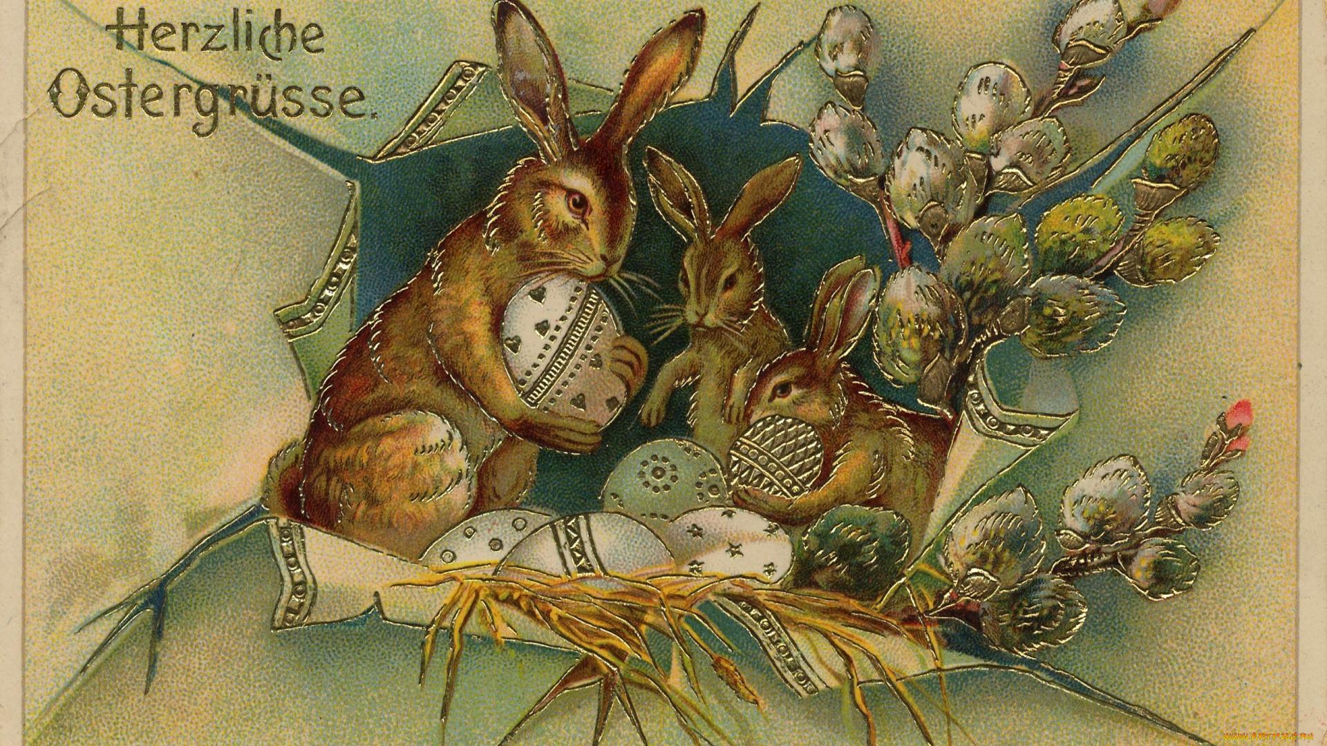 старинная, пасхальная, открытка, праздничные, пасха, кролики, верба, писанки