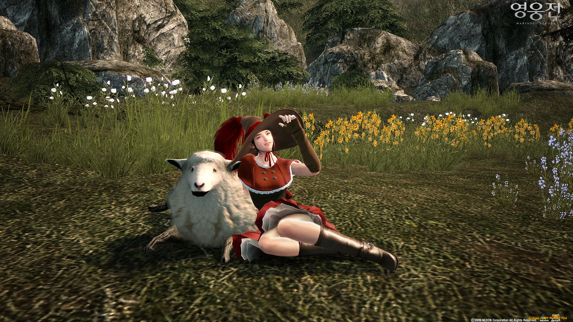 видео, игры, vindictus, трава, камни, овечка, девушка