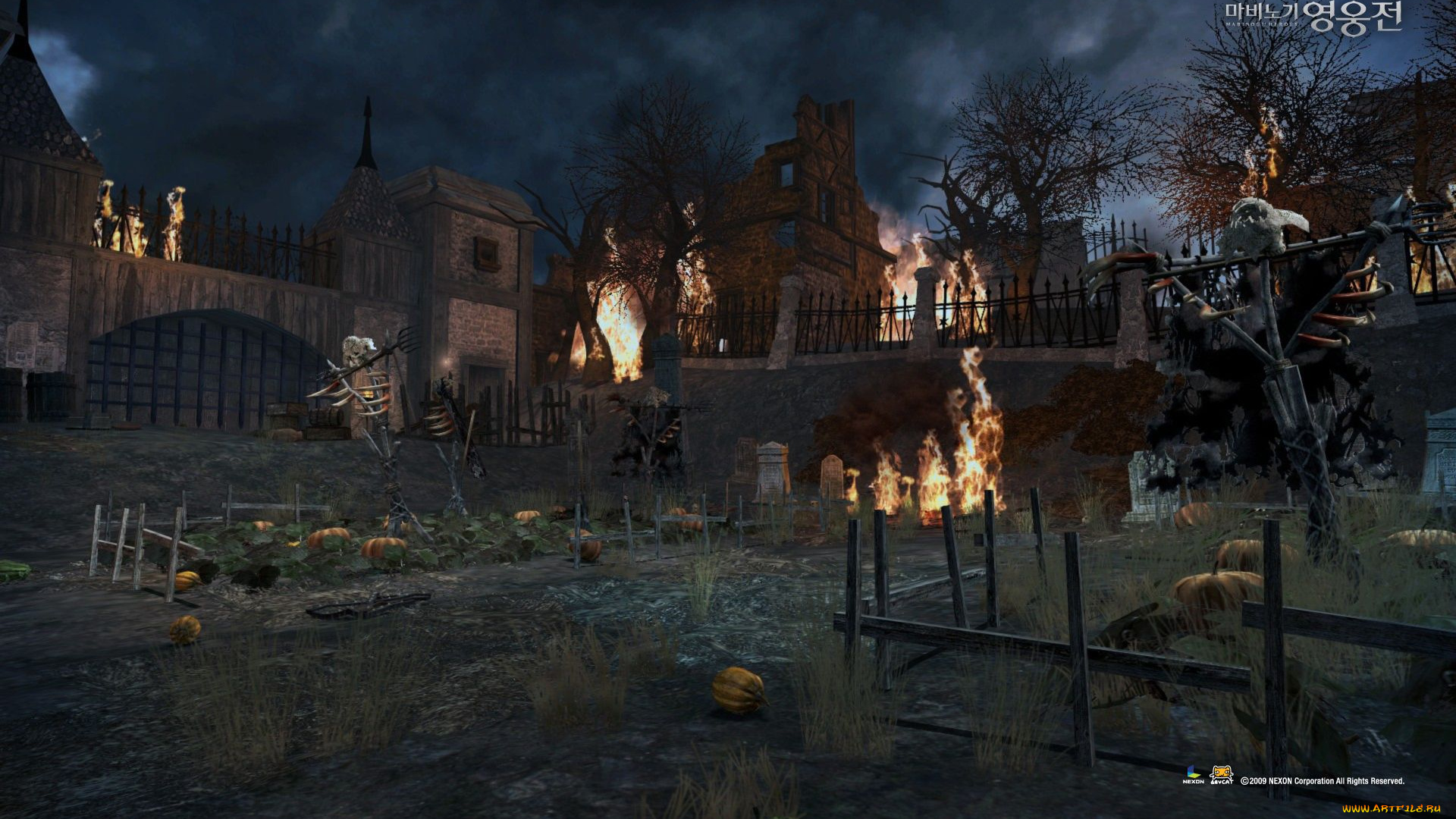 видео, игры, vindictus, здания, огонь, тыквы